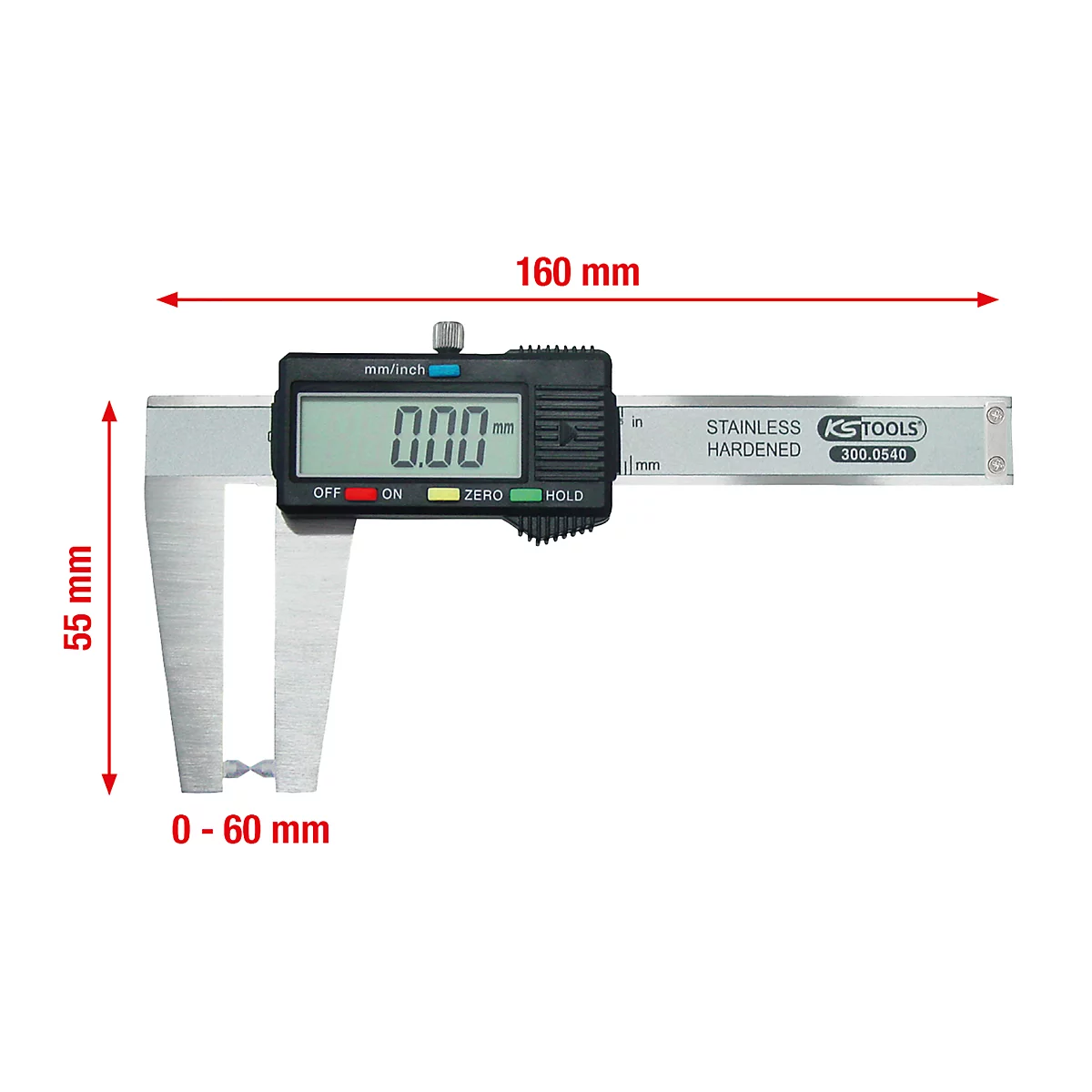 Digitale Messschieber mit einer Abmessung von 160 mm und einer Messbereich von 0-60 mm. Der Bildschirm zeigt den Wert 0,00 an. 