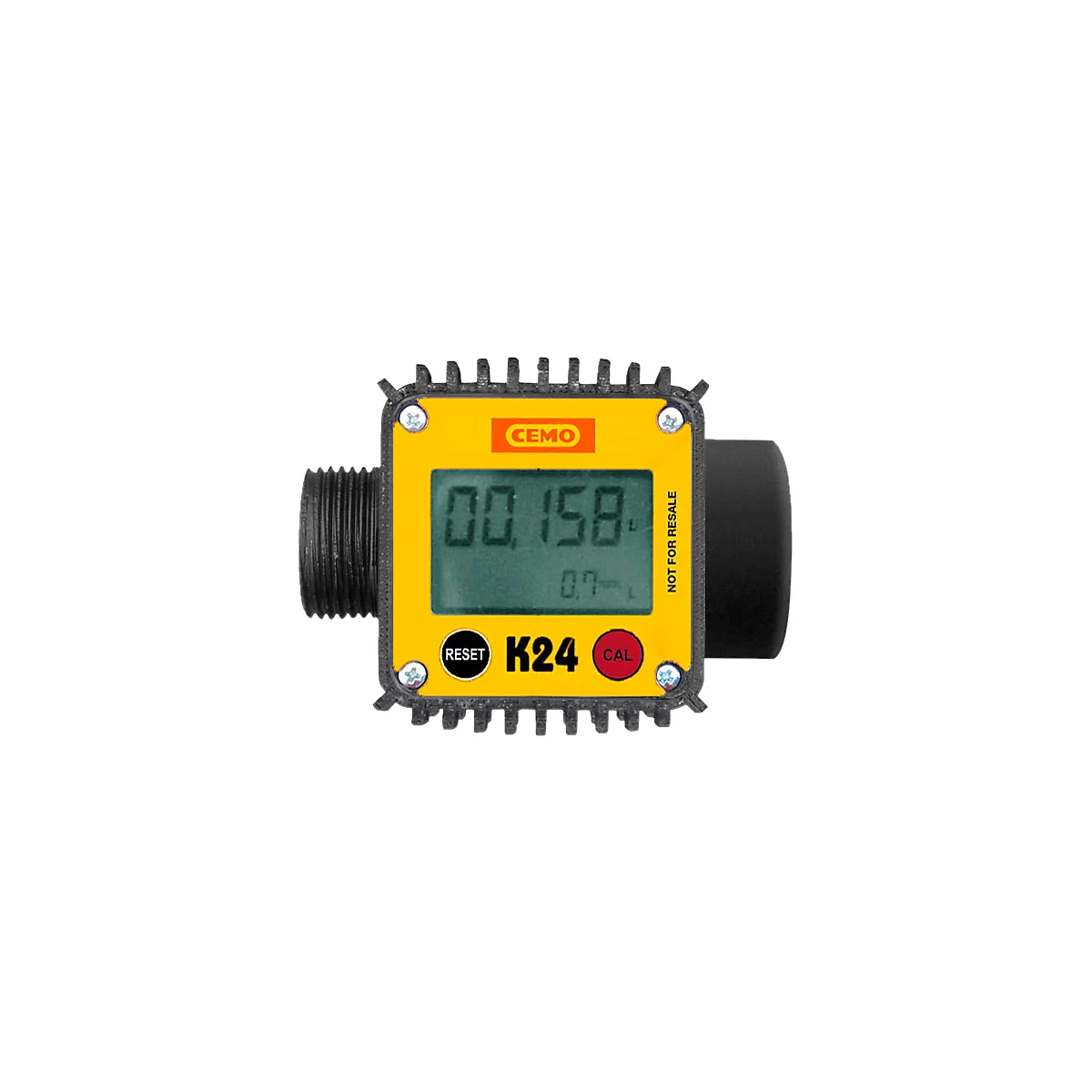 Yellow meter with digital display, text "CEMO" and "K24". Black connector, screws, and text "NOT FOR RESALE".