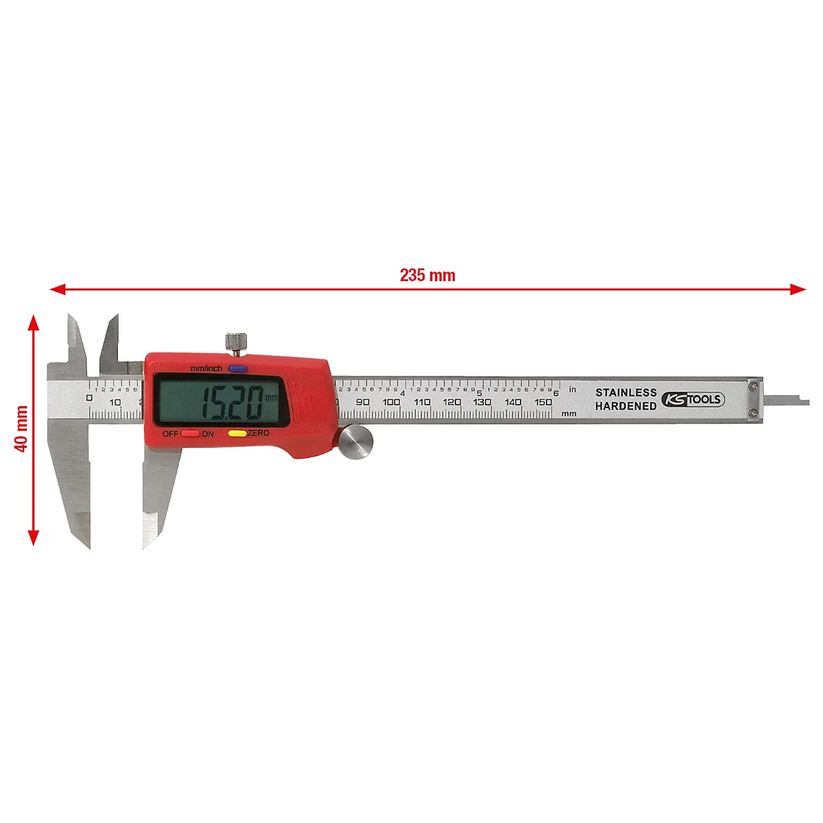 Eine digitale Schieblehre, rot mit digitaler Anzeige: 15,20 mm. Aufschrift: STAINLESS HARDENED KS TOOLS
