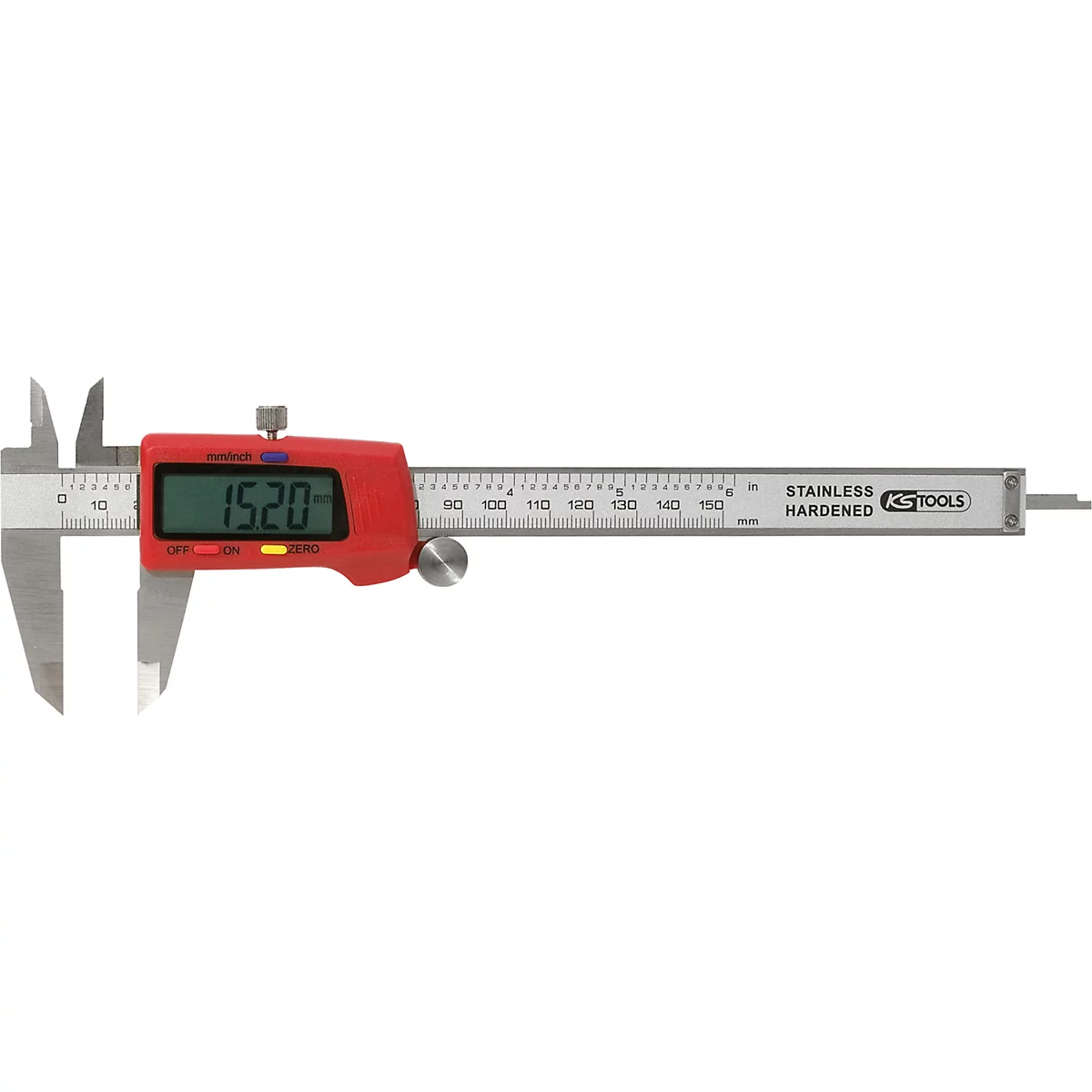 Ein roter digitalen Messschieber mit digitaler Anzeige: 15.20. Auf der Messleiste steht „STAINLESS HARDENED“ und der Schriftzug „KS TOOLS“.