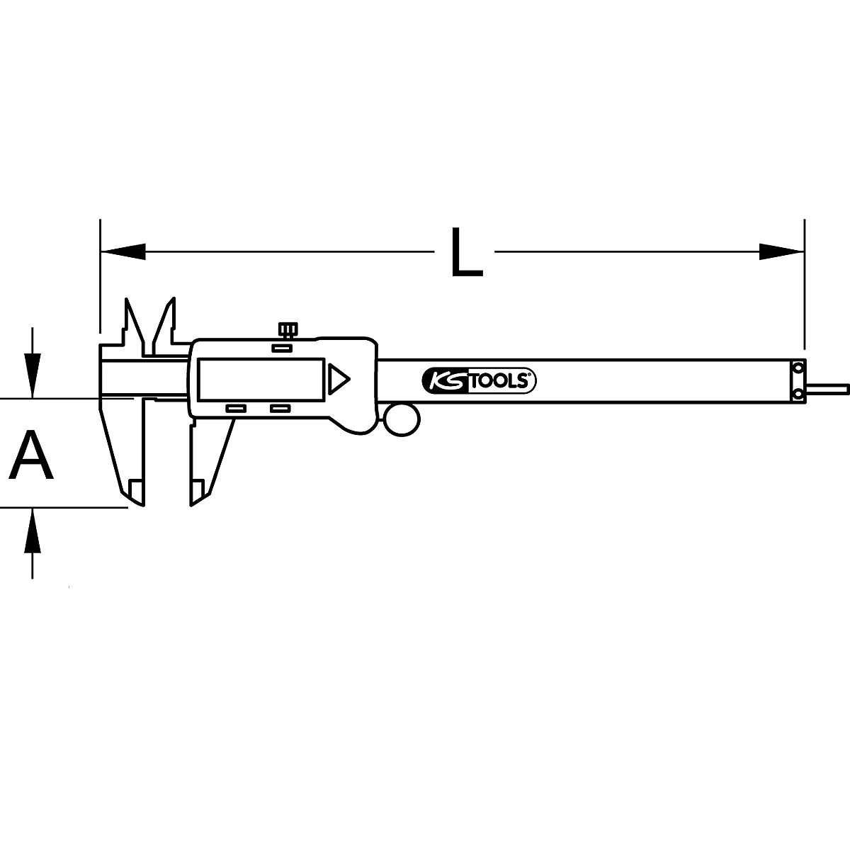 Digitale Messschieber-Zeichnung. Beschriftung mit „A“ und „L“. Aufschrift „KS TOOLS“.
