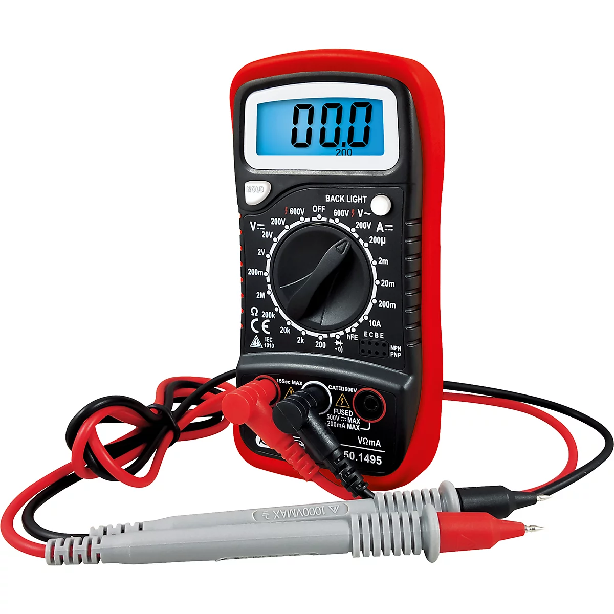 Ein rotes Multimeter zeigt 00,0 an. Es hat einen Drehschalter, Messleitungen mit roten und schwarzen Spitzen.