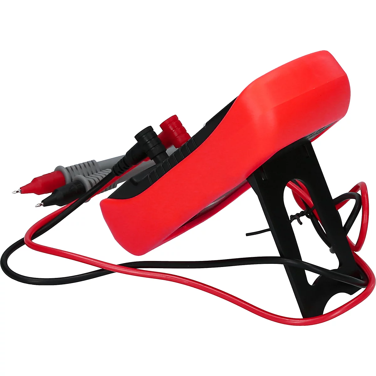 Ein rotes Multimeter steht auf einem schwarzen Ständer. Messleitungen mit Messspitzen sind angeschlossen.