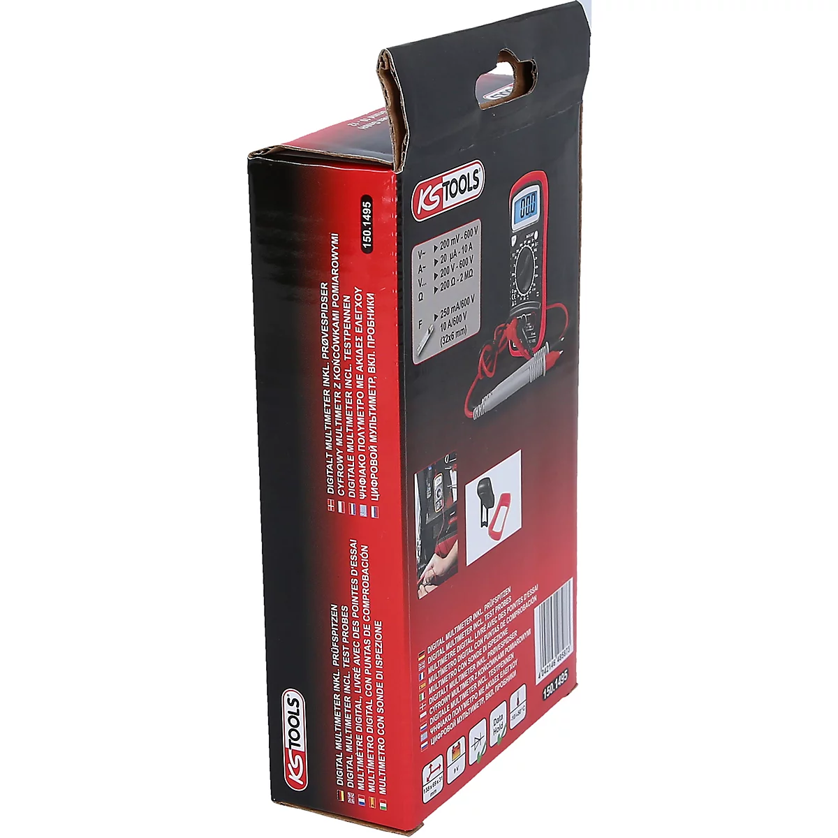 Multimeter in Verpackung. Das Produkt ist teilweise zu sehen, der Fokus liegt auf der Verpackung mit Produktinformationen.