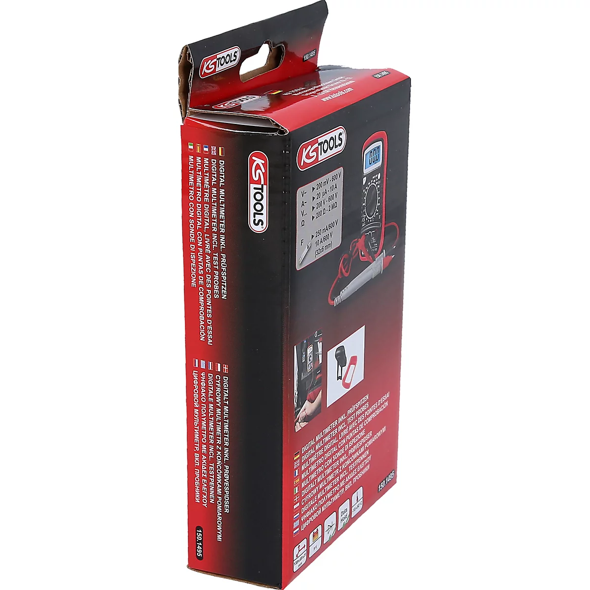 Eine schwarze und rote Verpackung eines digitalen Multimeters. Aufgedruckt sind Marken- und Produktinformationen. Im Inneren ist das Multimeter mit roten Messleitungen abgebildet.
