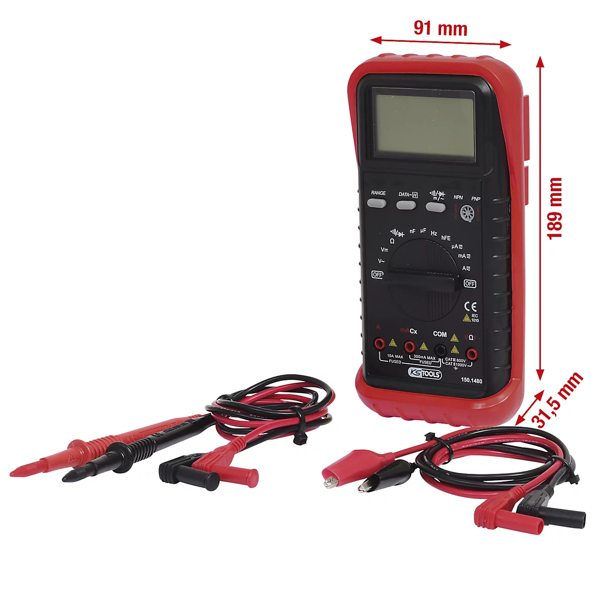 Ein rotes Multimeter mit schwarzen Knöpfen und Display. Messleitungen mit Krokodilklemmen.