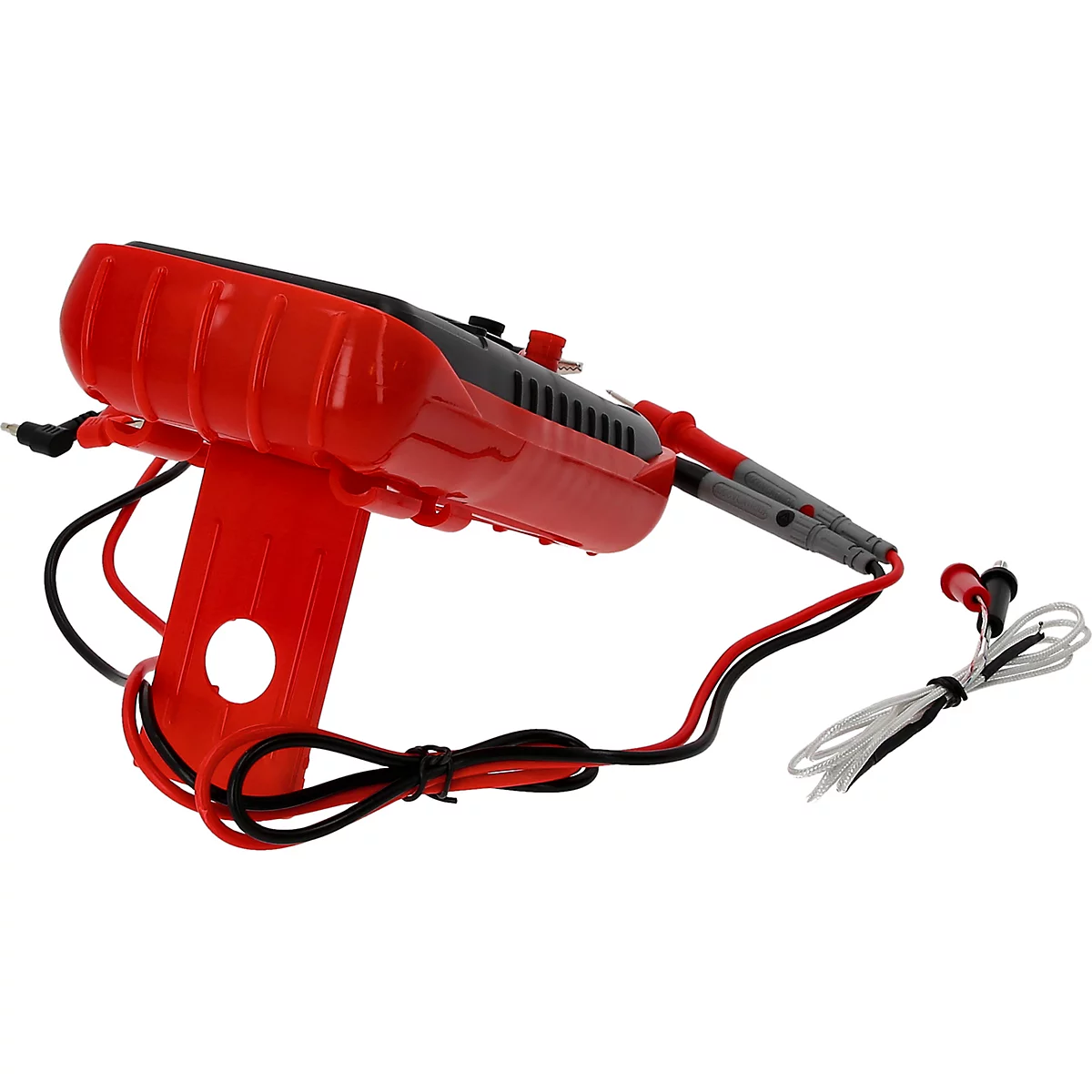 Rotes Elektriker-Messgerät mit grauen Messspitzen und Kabeln, auf weißem Hintergrund.