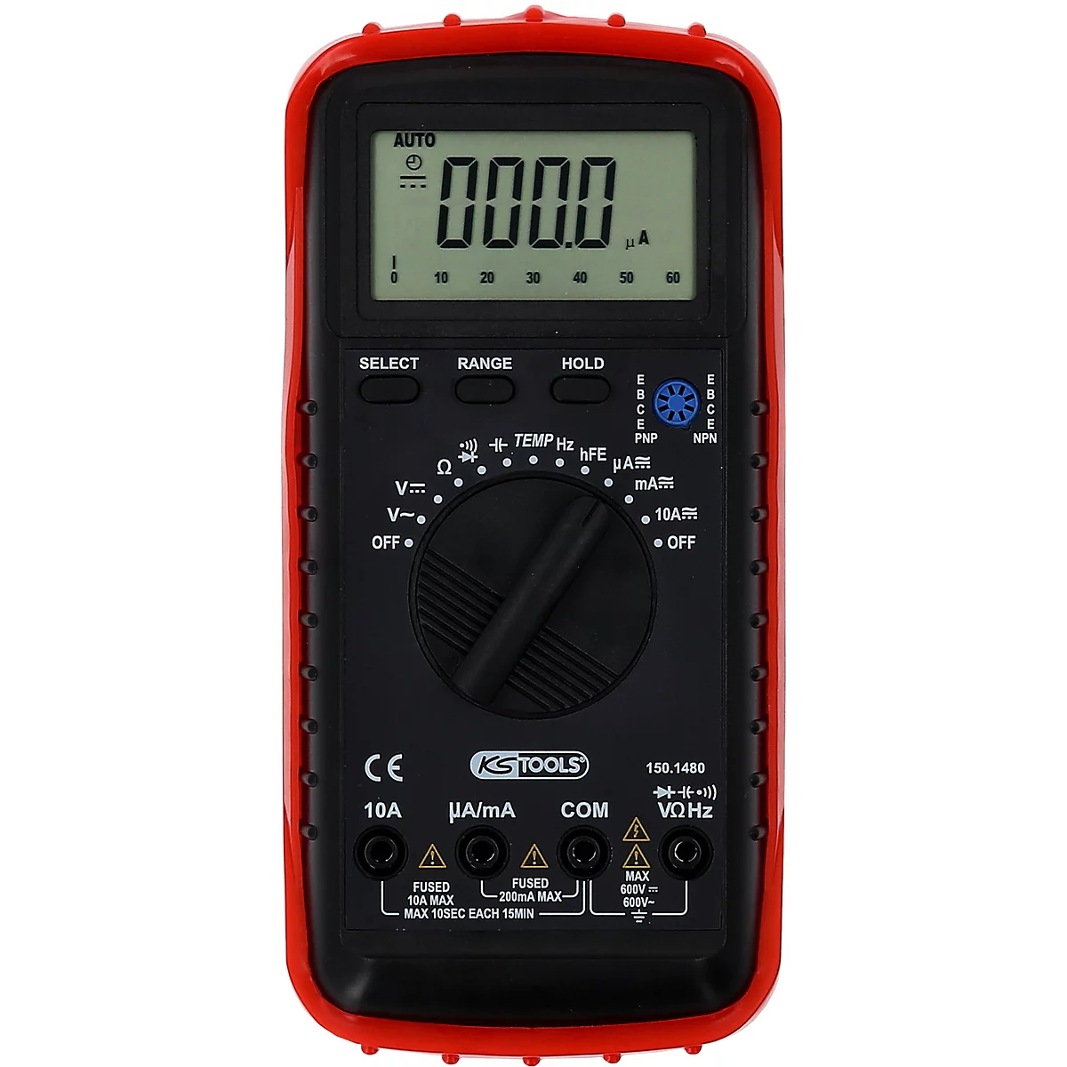 Digitalmultimeter mit rotem Gehäuse, schwarzem Display und Knöpfen. Anzeige: 000.0. Beschriftungen: SELECT, RANGE, HOLD, KSTOOLS, CE, 10A.