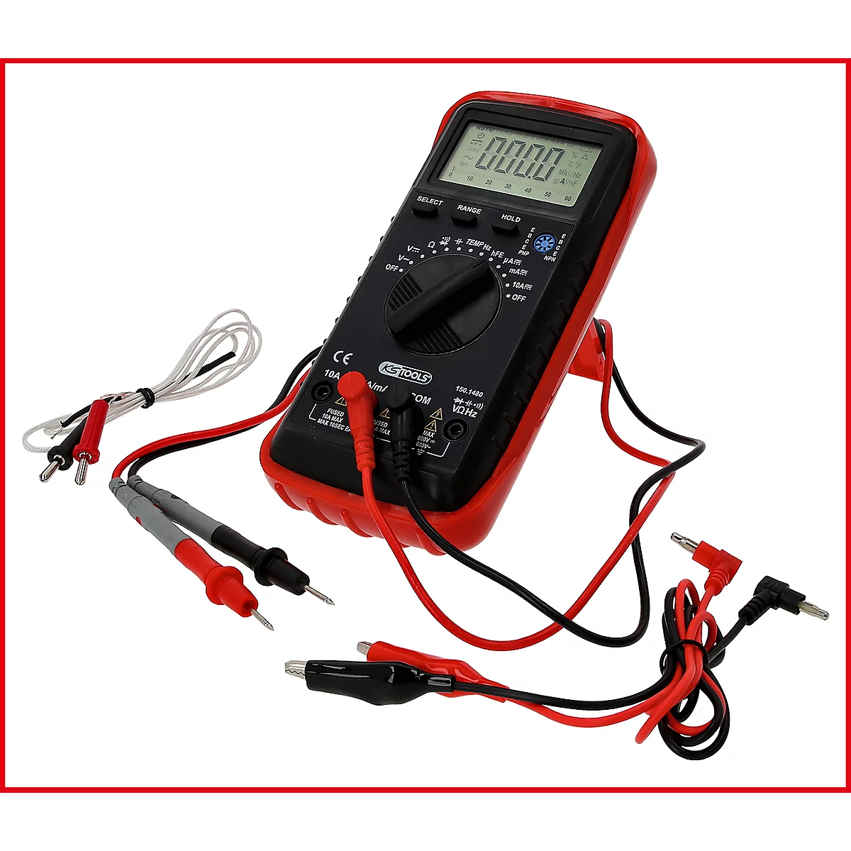 Ein rotes und schwarzes digitales Multimeter, mit Messleitungen und Zubehör. Auf dem Display werden Nullen angezeigt.