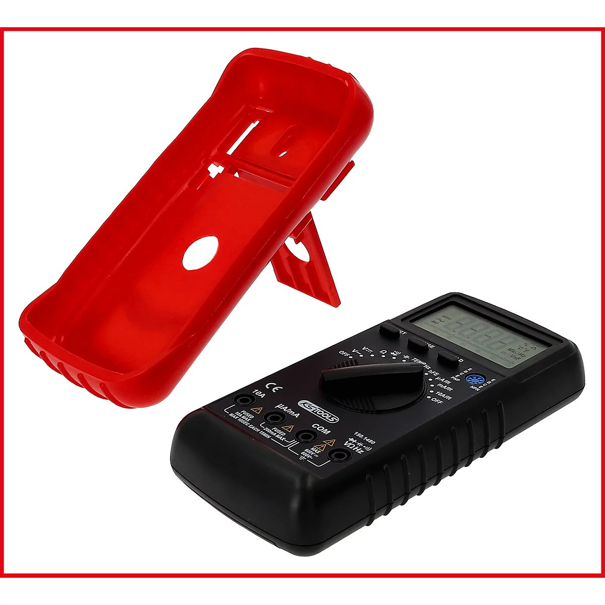 Ein schwarzes Multimeter neben einer roten Schutzhülle. Das Display zeigt Messwerte.