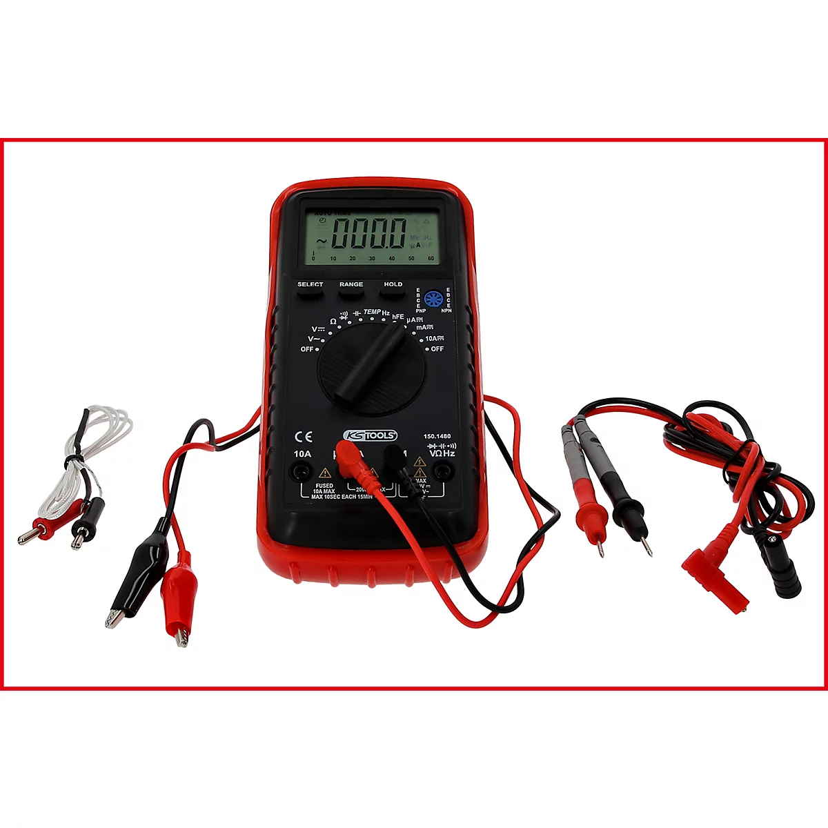 Ein rotes Multimeter mit Anzeige '000.0', Messleitungen und Krokodilklemmen. Der Markenname ist KSTOOLS.