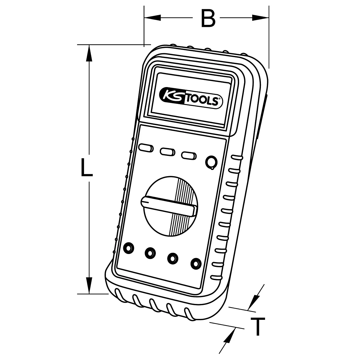 Zeichnung eines Multimeters mit den Messwerten L, B und T. Das Multimeter hat ein Display, einen Drehknopf und mehrere Knöpfe.