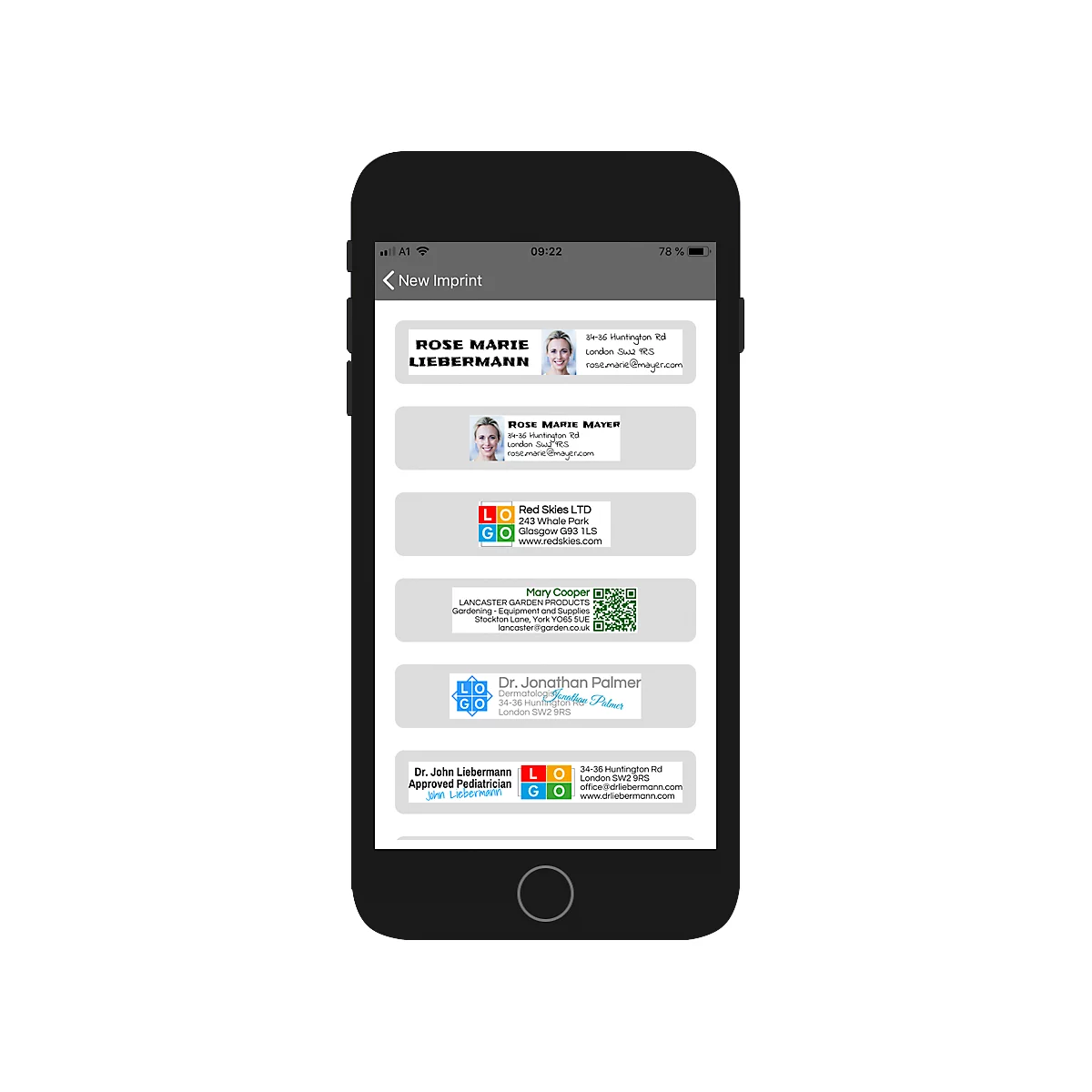 Smartphone screen showing contact data preview. Various names and logos are displayed in light grey boxes.