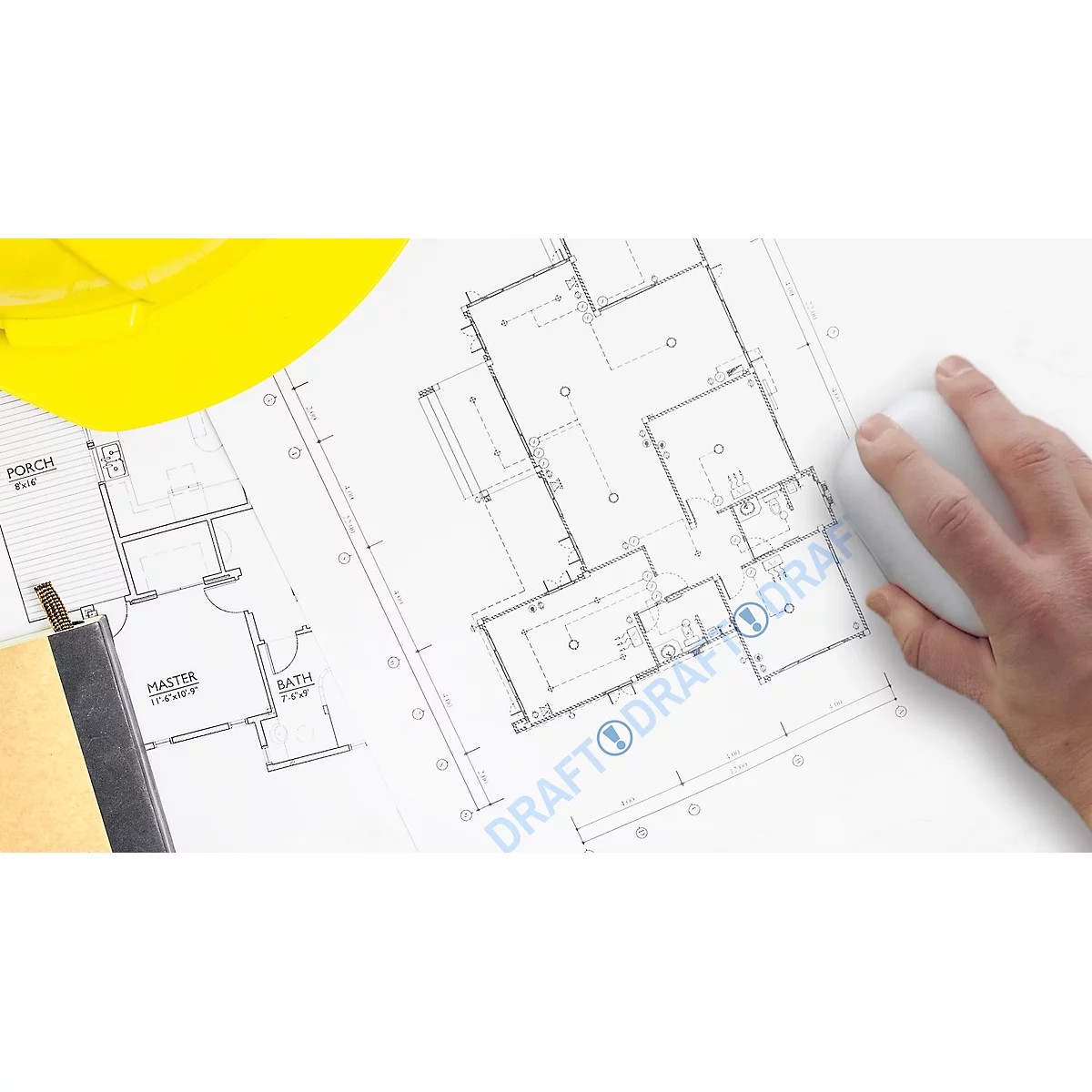 Blueprint, yellow helmet, and a hand with a computer mouse. The writing "Draft" can be seen on the plan.