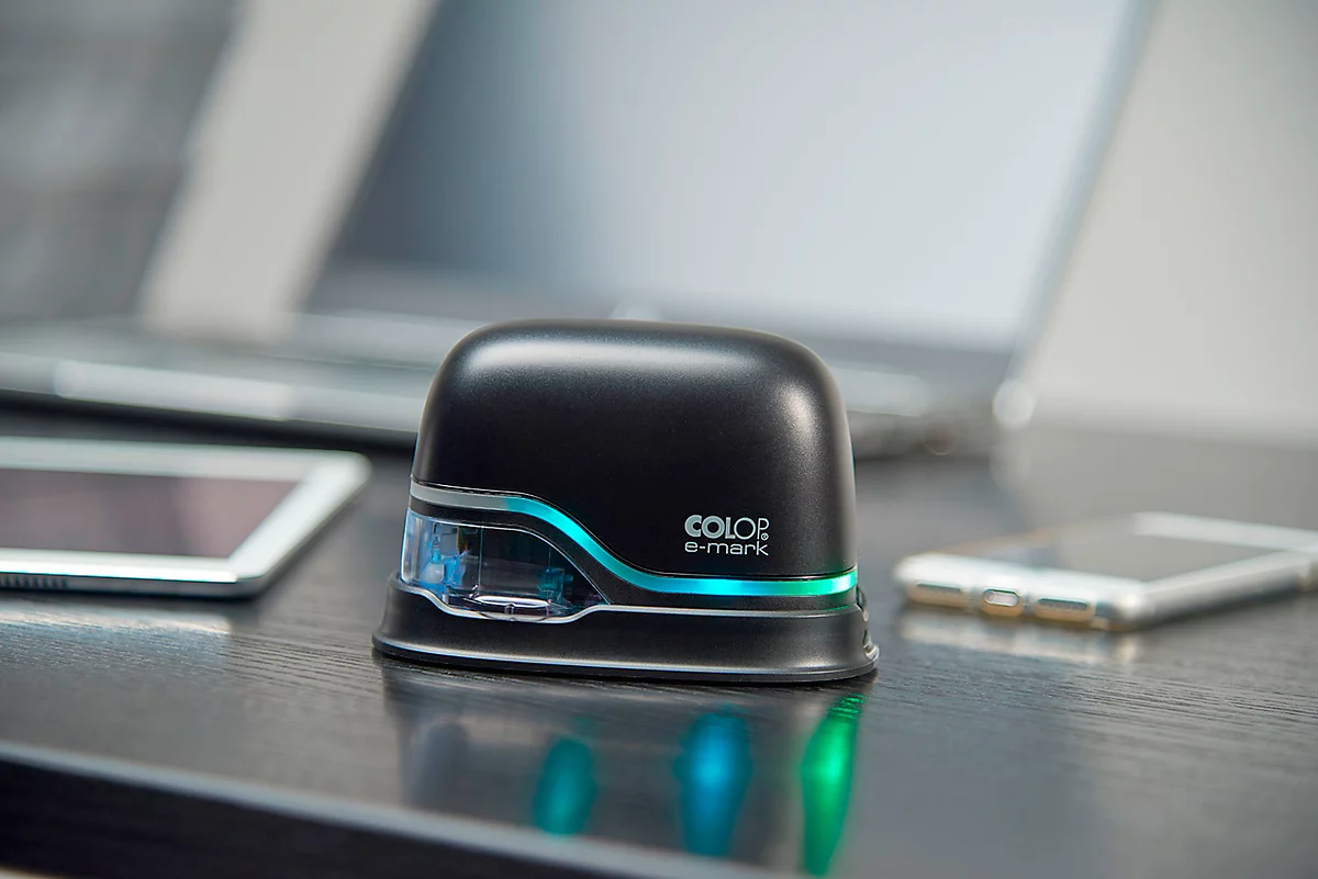 Digitale stempel COLOP e-mark®, 600 dpi, Micro-USB/WLAN, met CMY cartridge, printkop en accu, zwart