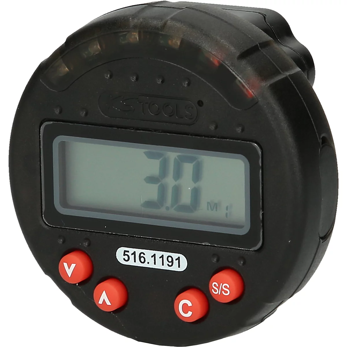 Schwarzes Drehmoment-Messgerät mit LCD-Display, Anzeige: 30.0 Nm. Rote Knöpfe und Prägung "KS TOOLS".