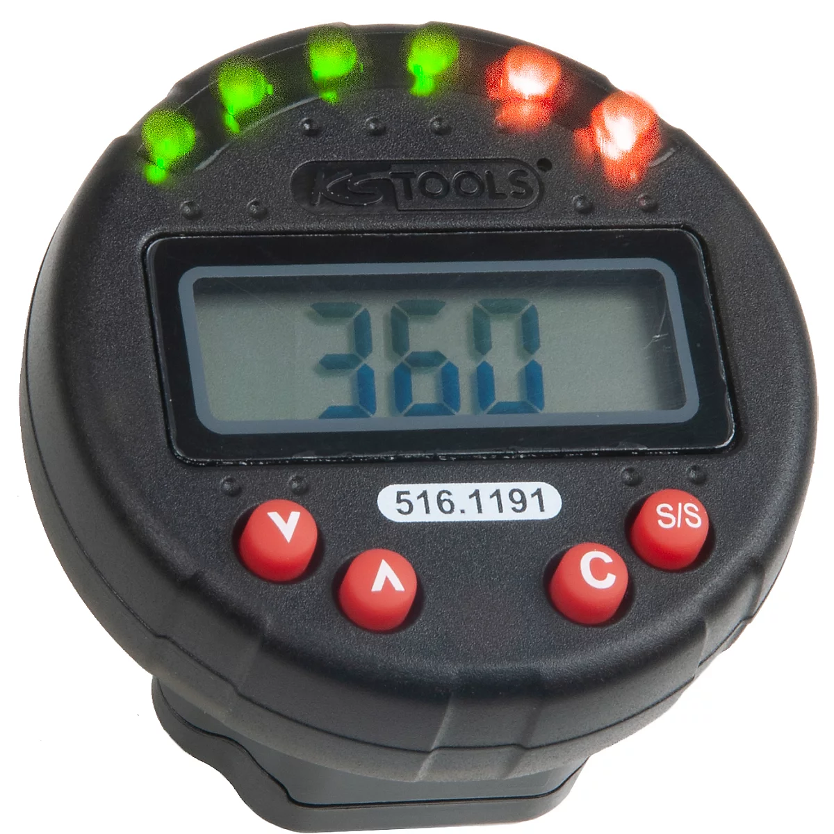 Schwarzes digitales Drehmomentmessgerät mit Anzeige 360, rote und grüne LEDs und roten Tasten.
