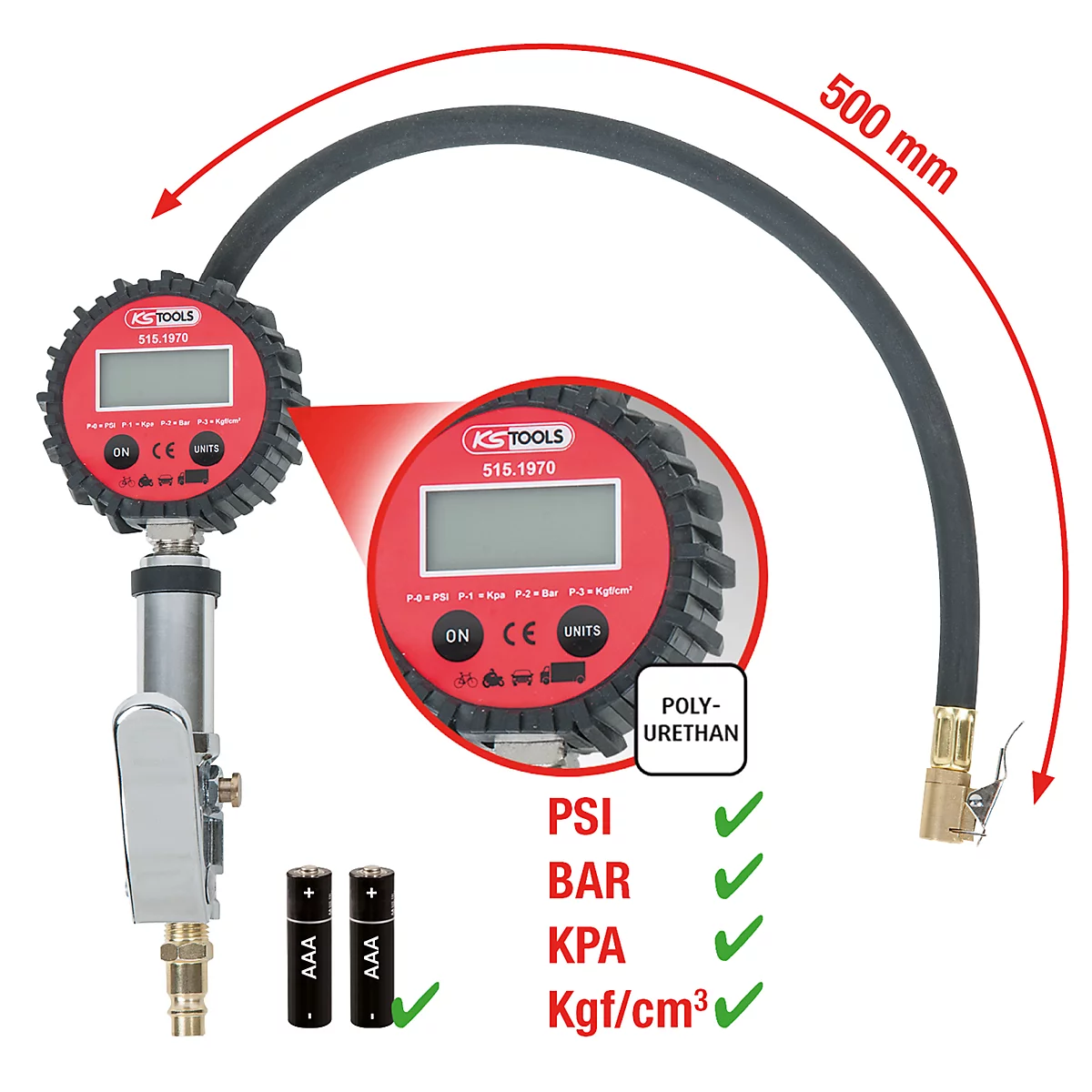 Digitaler Reifendruckprüfer mit schwarzem Schlauch und rotem Display, Batterien und detaillierter Nahaufnahme.