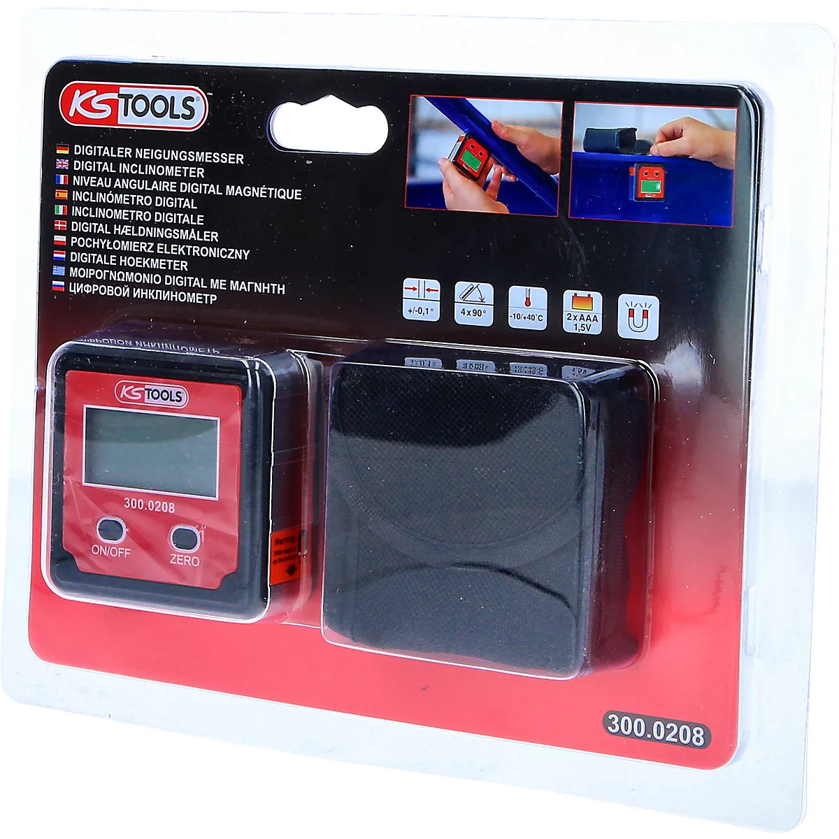 Ein digitales Neigungsmessgerät in einer Verpackung mit verschiedenen Sprachbezeichnungen. Das Messgerät zeigt ein rotes Gehäuse und ein LCD-Display.