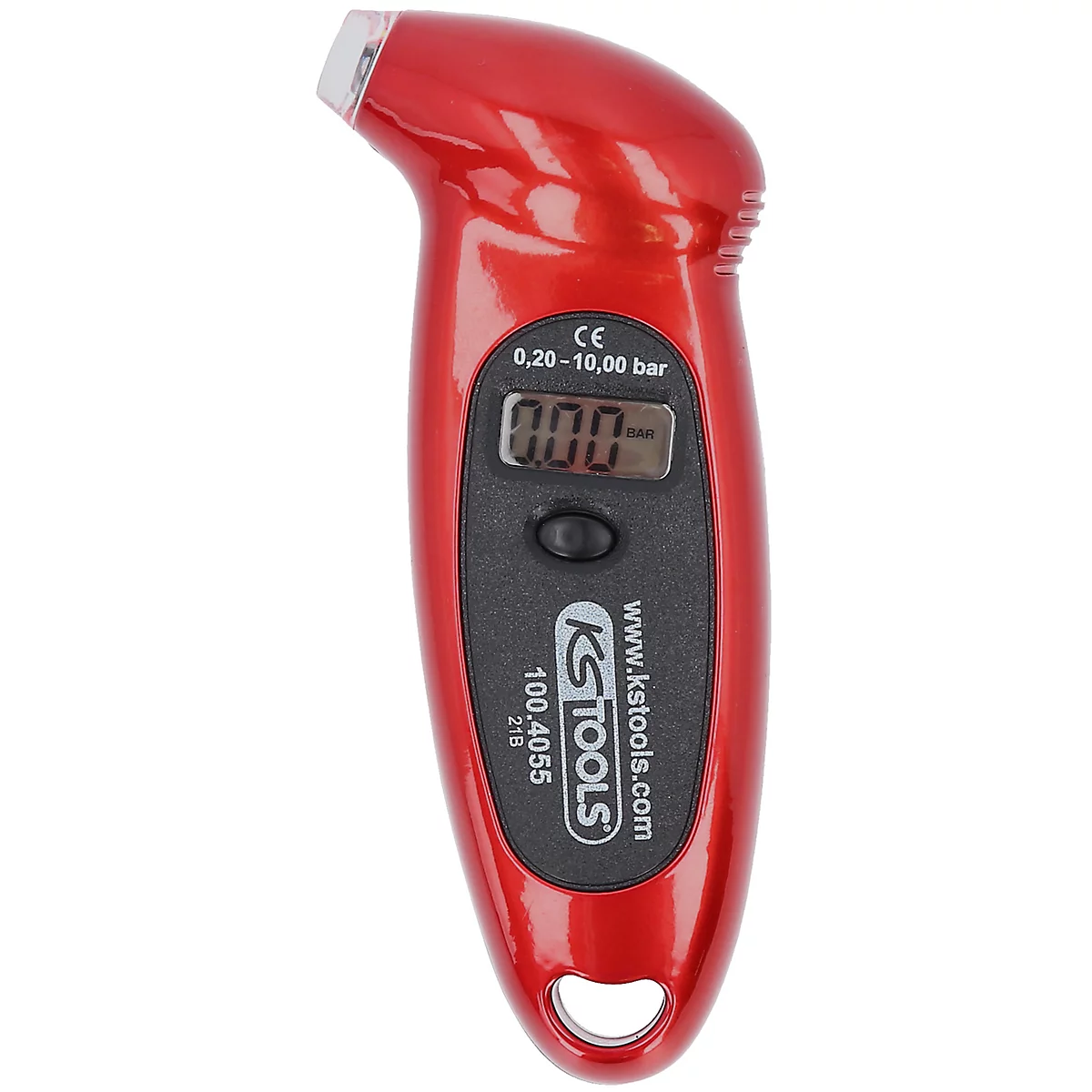 Rotes Reifendruckmessgerät mit digitaler Anzeige und dem Logo von KS TOOLS.