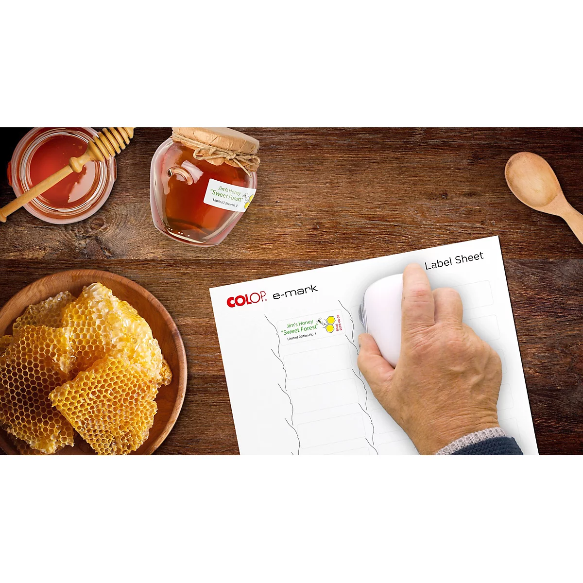 Digitaler Stempel COLOP e-mark®, 600 dpi, Micro-USB/WLAN, mit CMY Tintenpatrone, Druckkopf & Akku, weiss