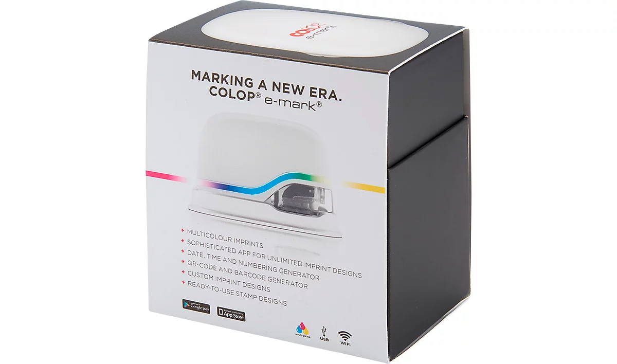 Digitaler Stempel COLOP e-mark®, 600 dpi, Micro-USB/WLAN, mit CMY Tintenpatrone, Druckkopf & Akku, weiß