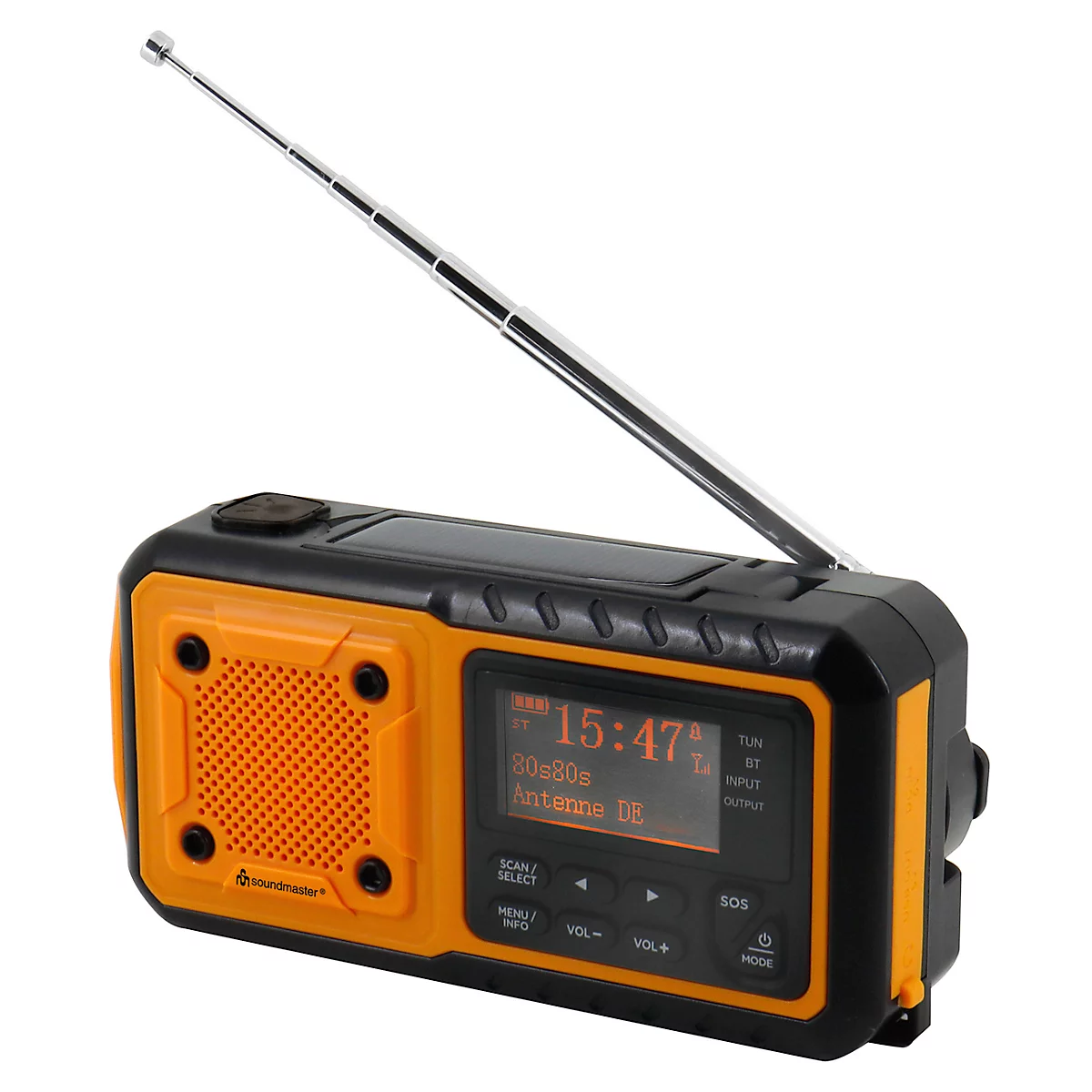 Digitalradio Soundmaster DAB1120R, DAB+/UKW-PLL, Li-Ion-Akku, Solarpanel/Dynamo, LED-Leuchte, B 153 x T 55 x H 75 mm, orange