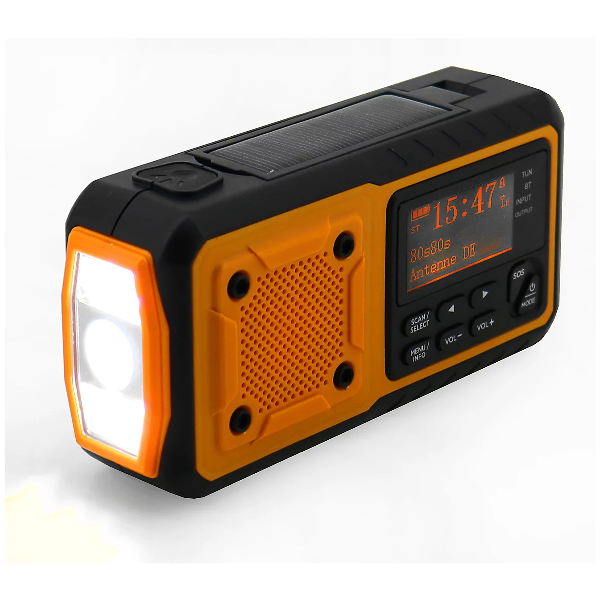 Digitalradio Soundmaster DAB1120R, DAB+/UKW-PLL, Li-Ion-Akku, Solarpanel/Dynamo, LED-Leuchte, B 153 x T 55 x H 75 mm, orange