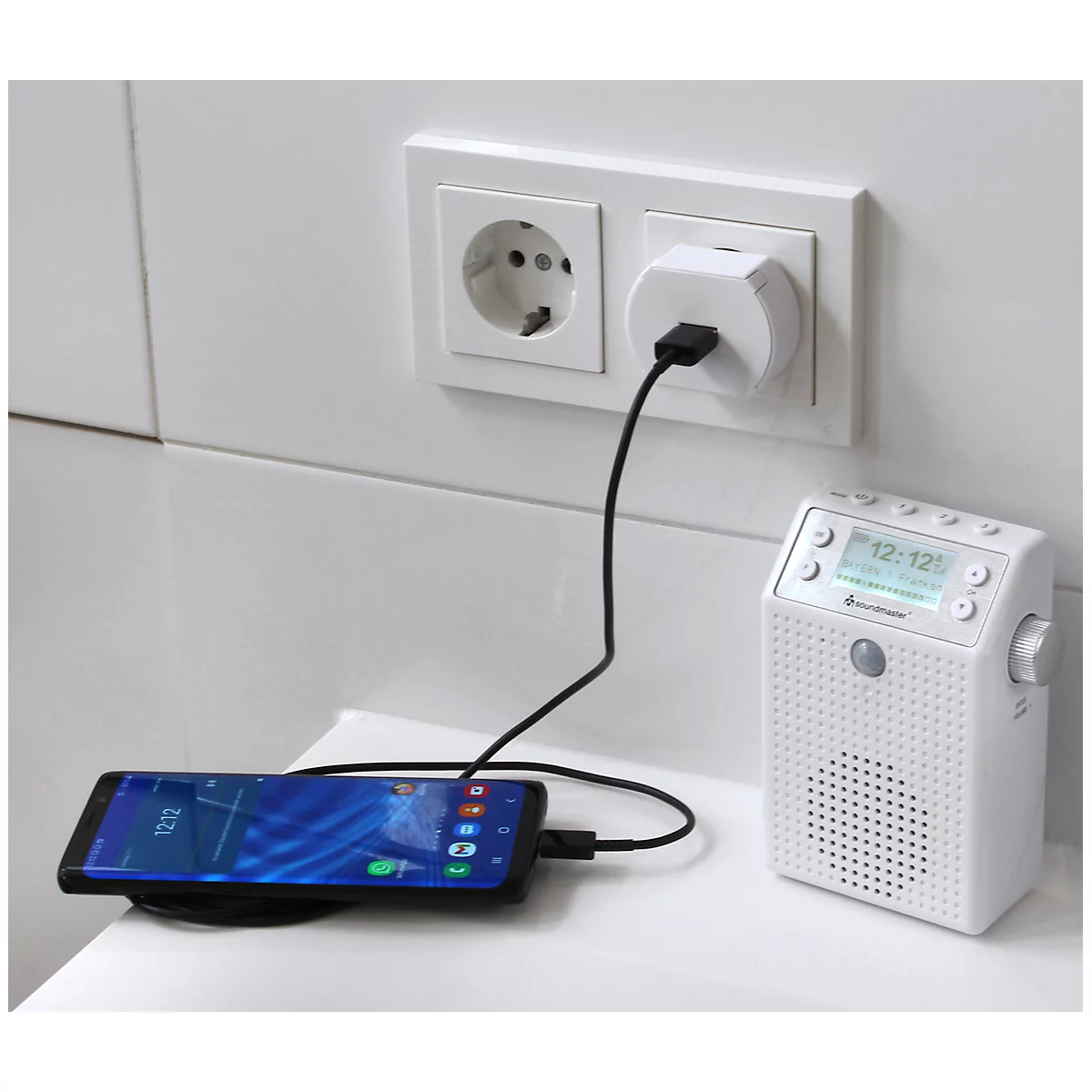 Digitalradio Soundmaster® DAB60WE, DAB+/UKW, 3 W, 3 Stationstasten & je 20 Festsenderspeicher, Bewegungssensor, Bluetooth/USB, Steckdose/Akku, weiß