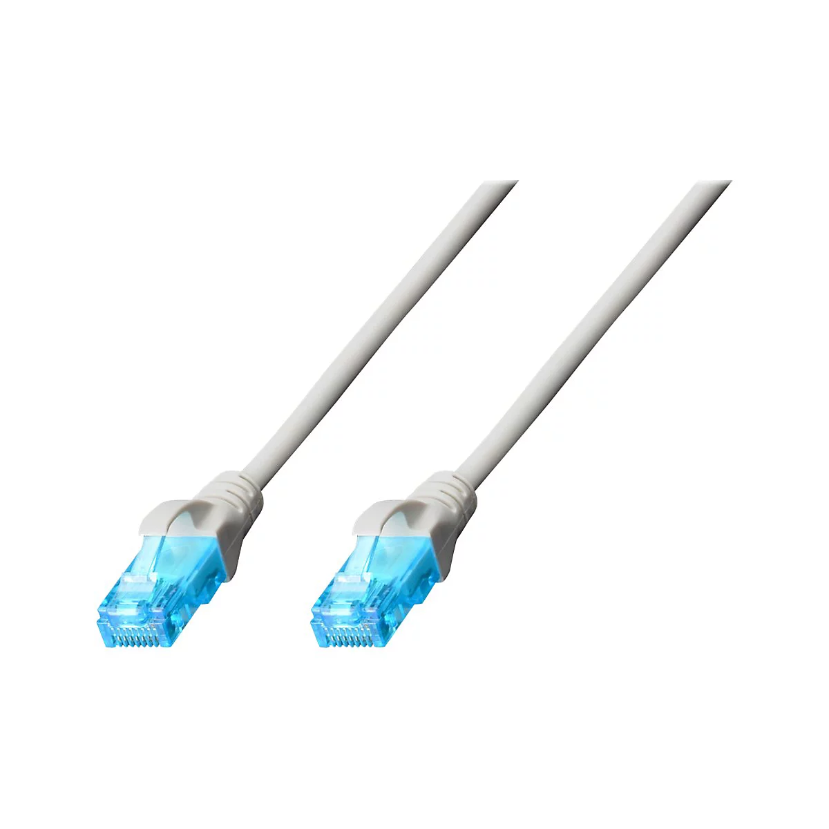Deux câbles réseau blancs avec des connecteurs bleus, sur fond blanc.