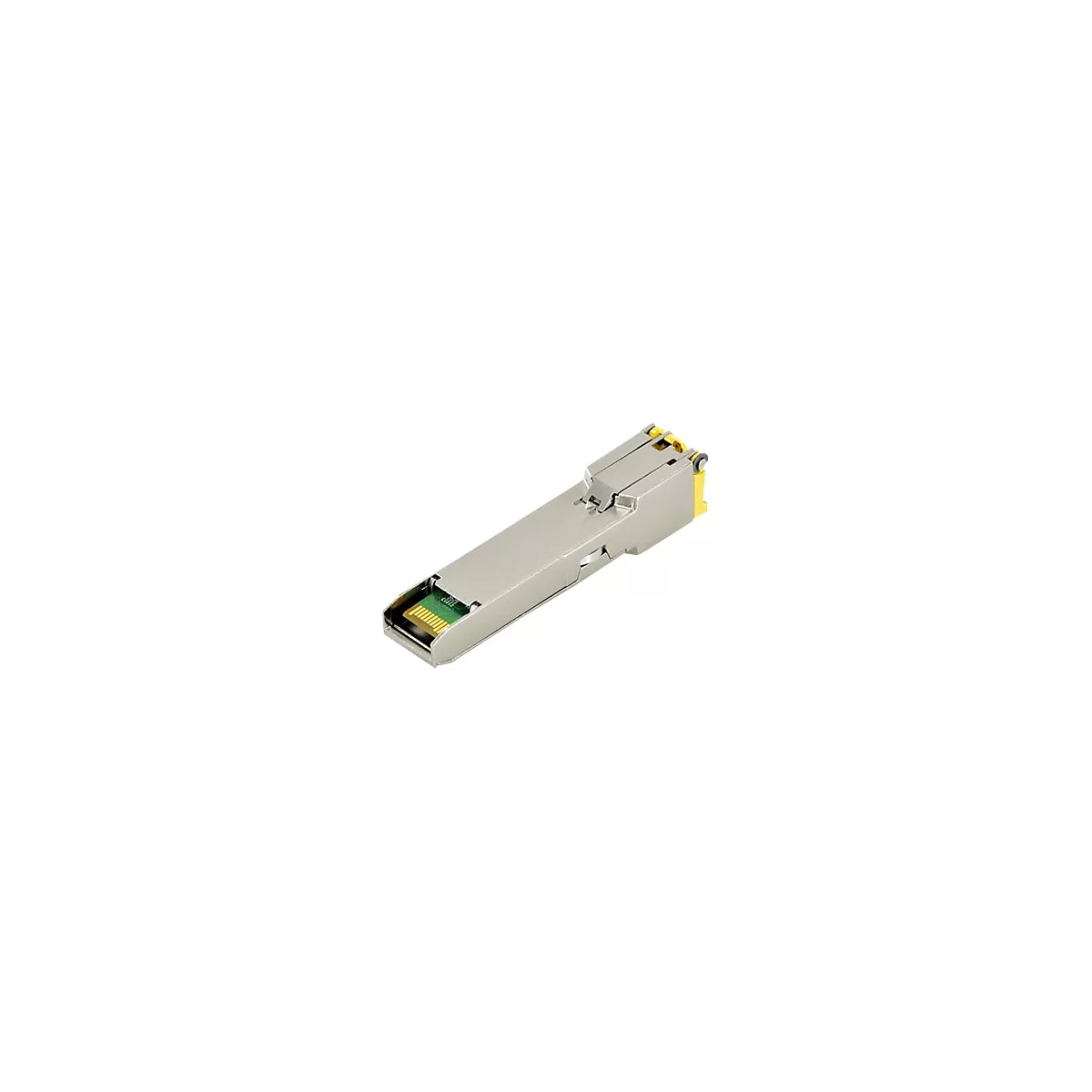 Ein silberner SFP-Transceiver, einsteckbares Netzwerkmodul. Goldfarbene und grüne Details sind sichtbar.