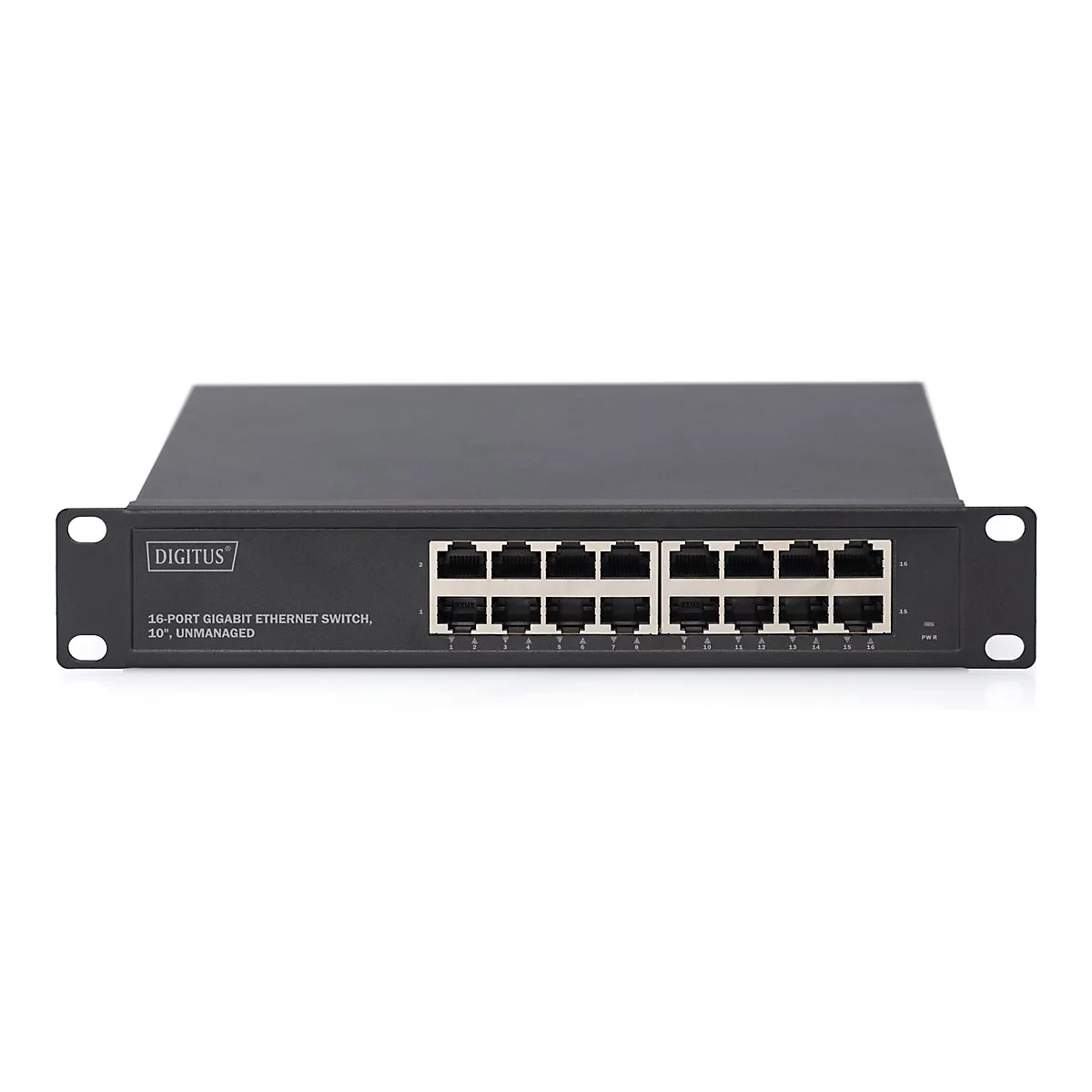 Commutateur Ethernet Gigabit 16 ports noir de Digitus. Les ports et les étiquettes sont visibles à l'avant.