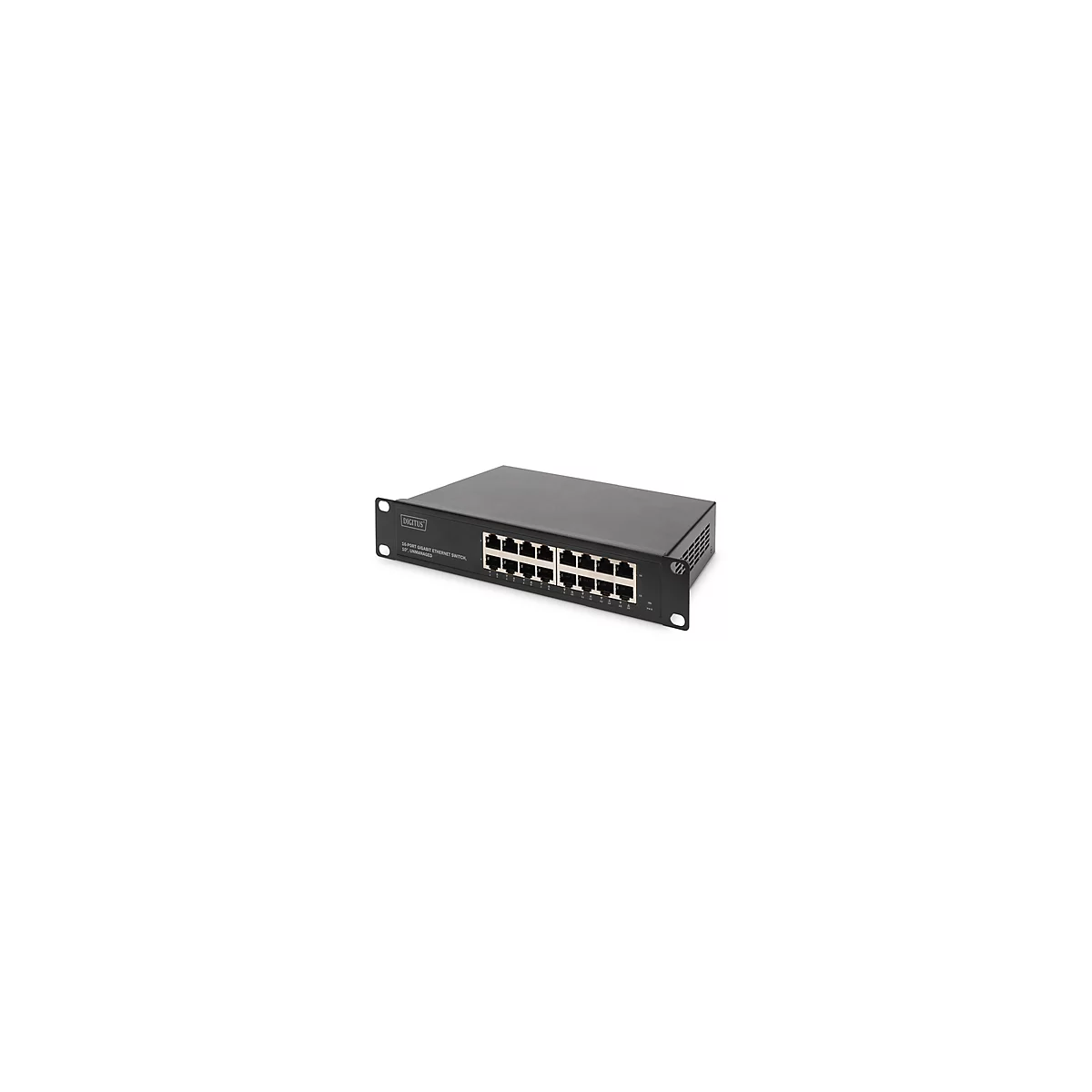 Commutateur réseau noir à 16 ports, logo Digitus, texte : Commutateur Ethernet Gigabit à 16 ports. Non géré.