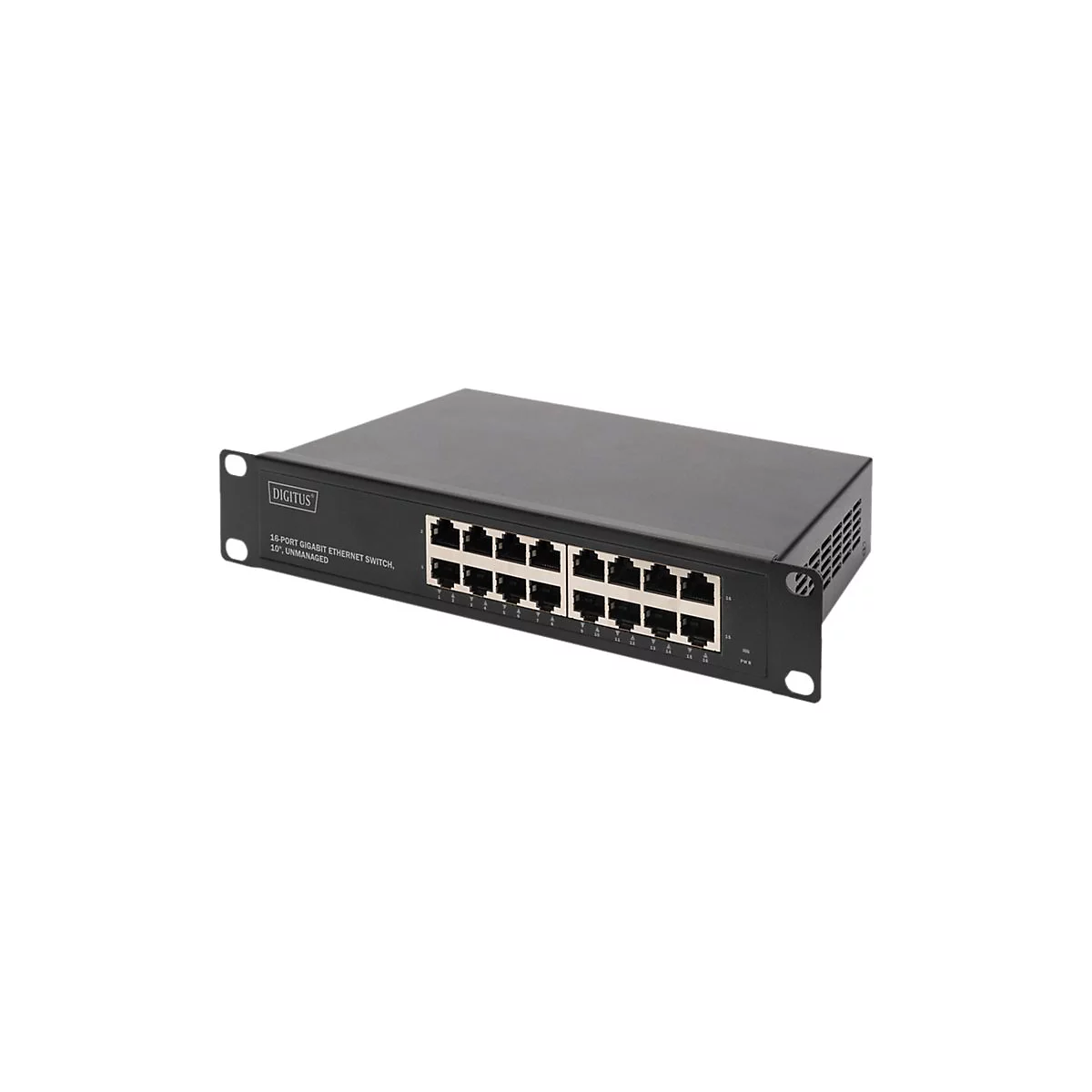 Schwarzer Netzwerk-Switch mit 16 Ports, Text: 16-Port Gigabit Ethernet Switch. Digitus.