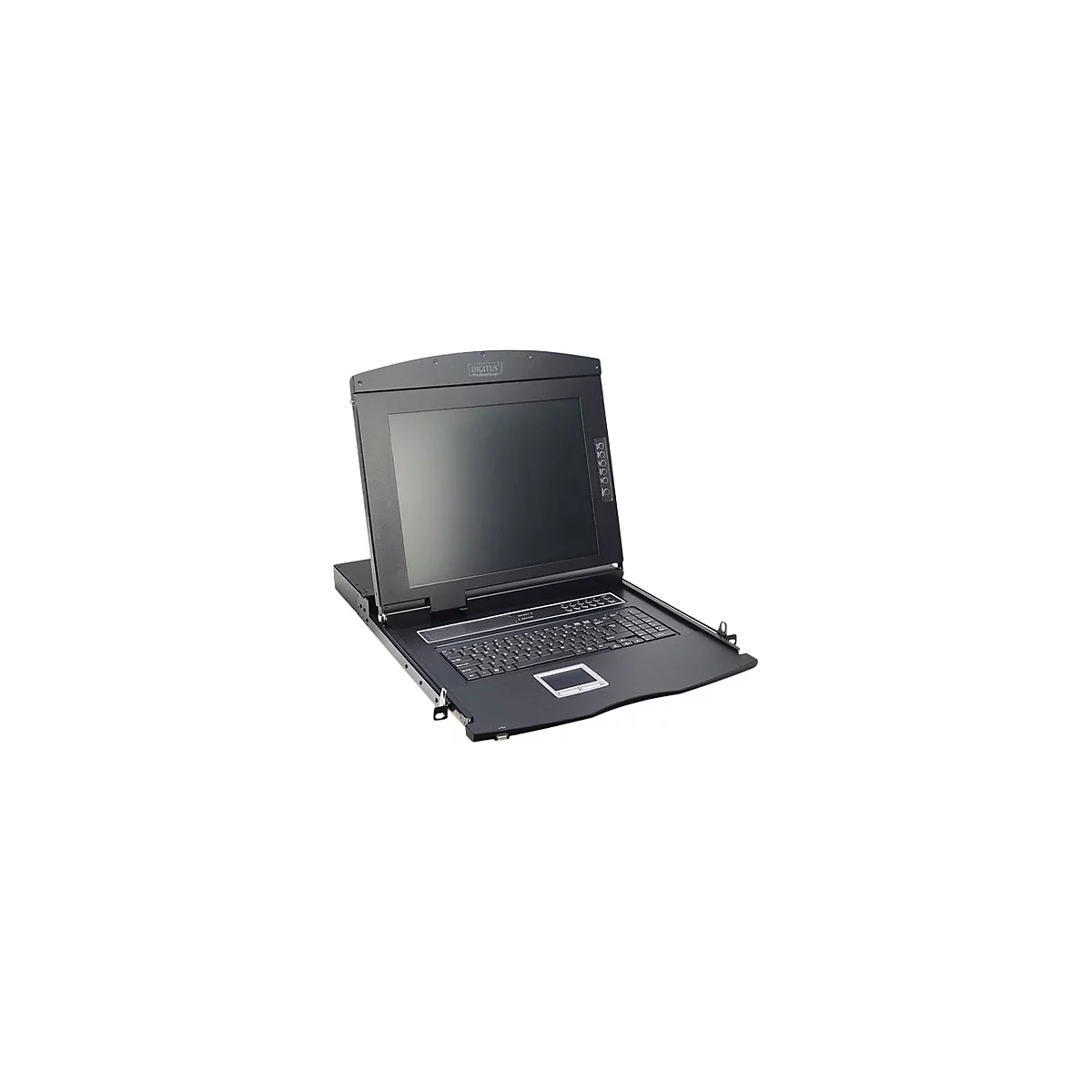 Schwarzer Monitor mit Tastatur und Touchpad. Oben links das Logo „DIGITUS Professional“.