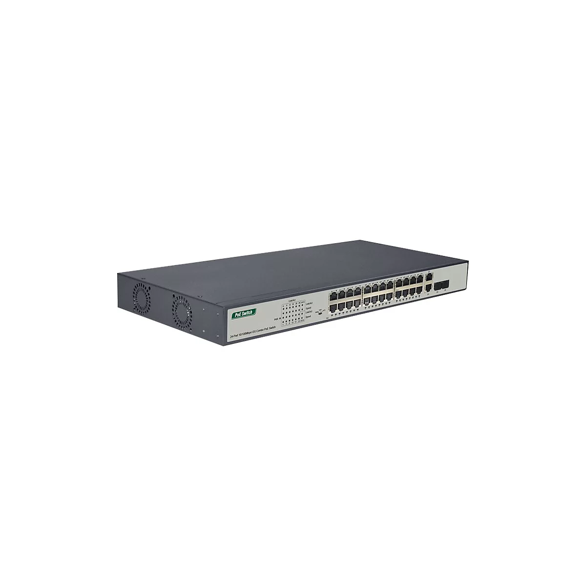 Ein grauer PoE-Switch mit 24 Ports, Lüftern, Beschriftung "PoE Switch" und Anschlussbuchsen.