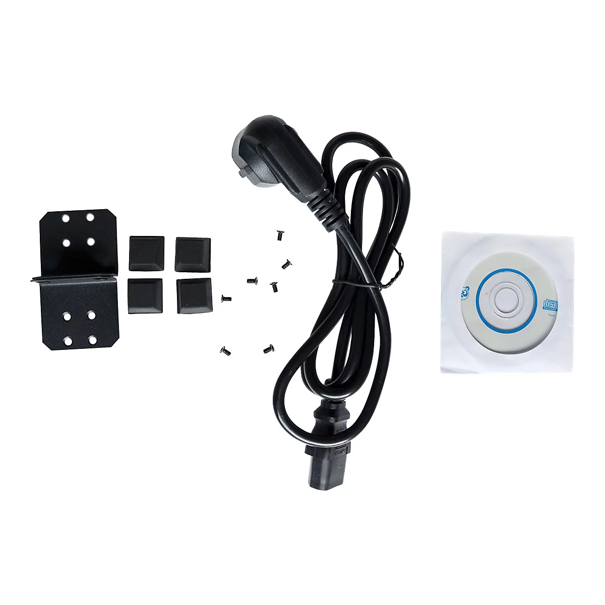 Zubehör für Hardware, bestehend aus Halterung, Schrauben, Kabel, Füßen und CD.