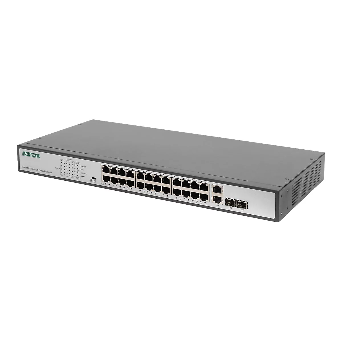 Ein schwarzer PoE Switch, 24-Port, mit silbernem Akzentstreifen und Anschlüssen.
