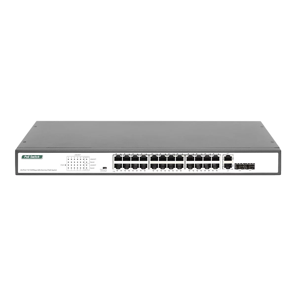 Grauer PoE Switch mit zahlreichen Ports und Kontrollleuchten. Die Beschriftung lautet "PoE Switch" und "24-Port 10/100Mbps+2G Combo PoE Switch".