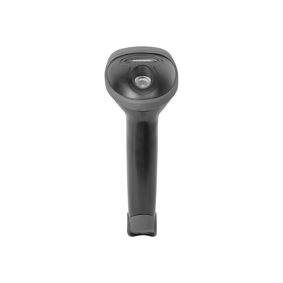 Ein schwarzer Barcodescanner, der von oben fotografiert wurde.