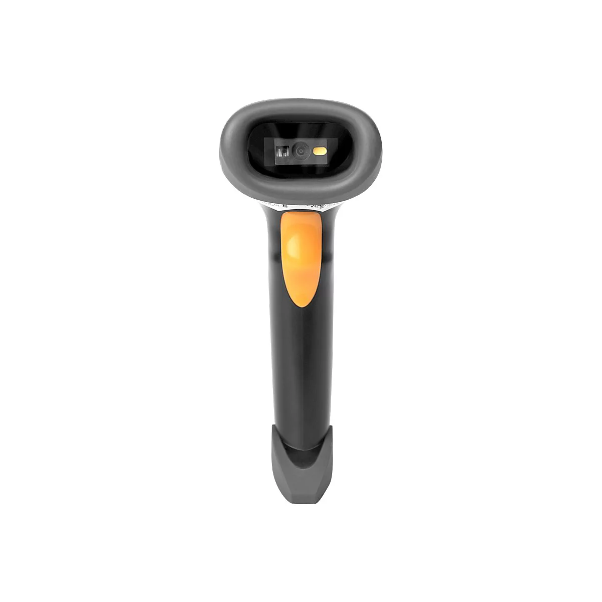 Ein Barcode-Scanner in Schwarz und Grau mit einem orangefarbenen Knopf.