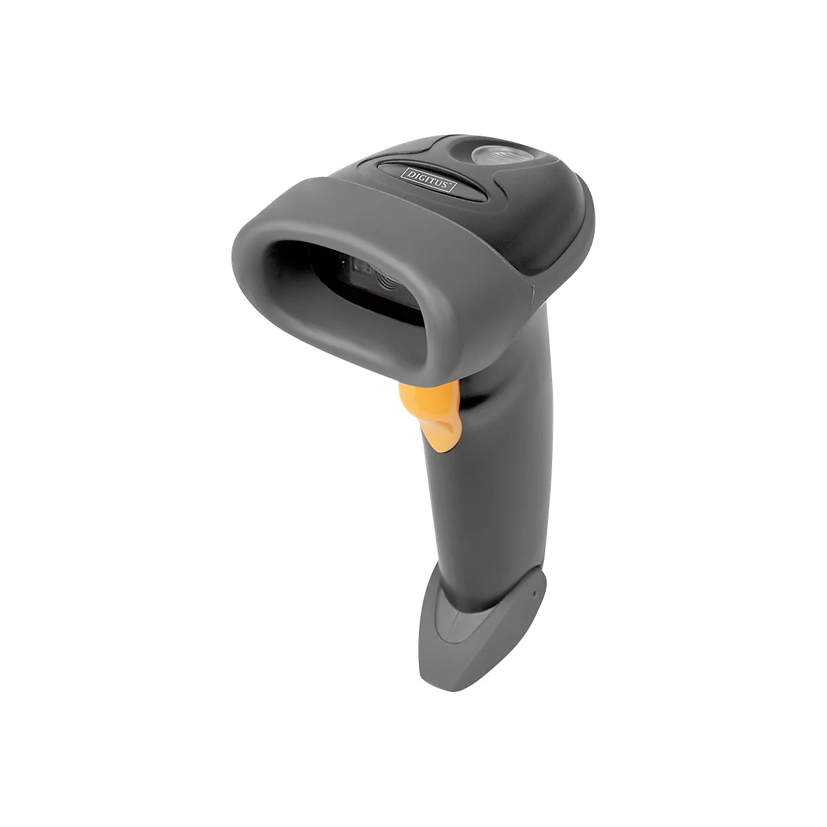 Ein grauer Barcode-Scanner mit orangenem Knopf. Das Produkt ist auf weißem Hintergrund abgebildet.