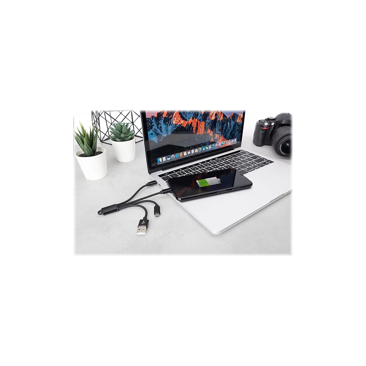 Ein Laptop mit einem angeschlossenen Ladekabel, an dem ein Smartphone angeschlossen ist. Auf dem Laptop liegen eine Kamera und Topfpflanzen.