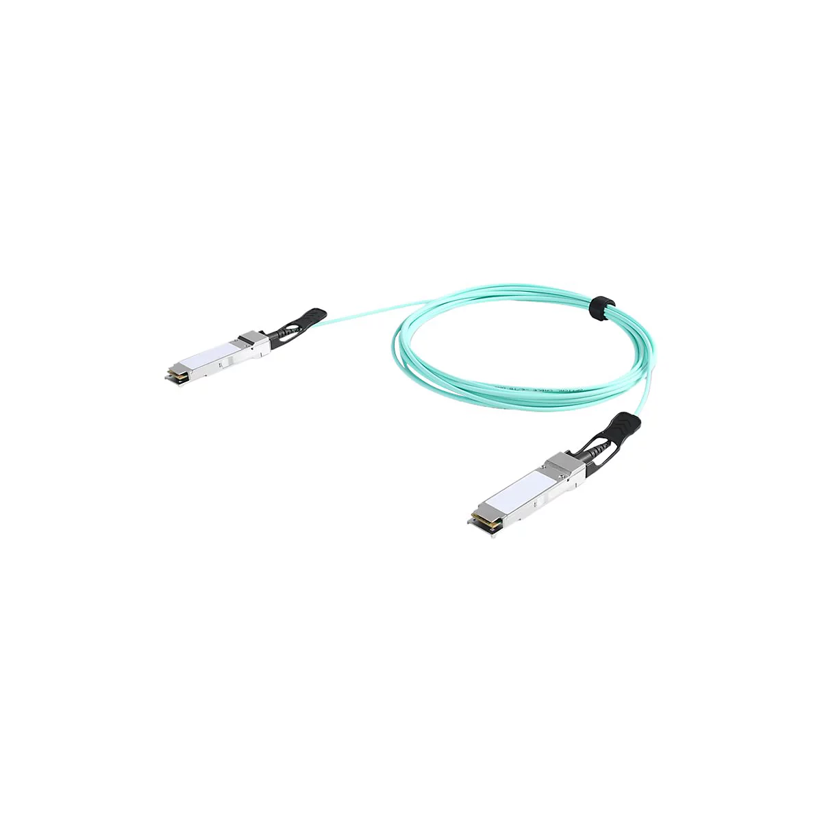 Ein hellblaues Lichtfaserkabel mit zwei Steckern an den Enden, vor weißem Hintergrund.