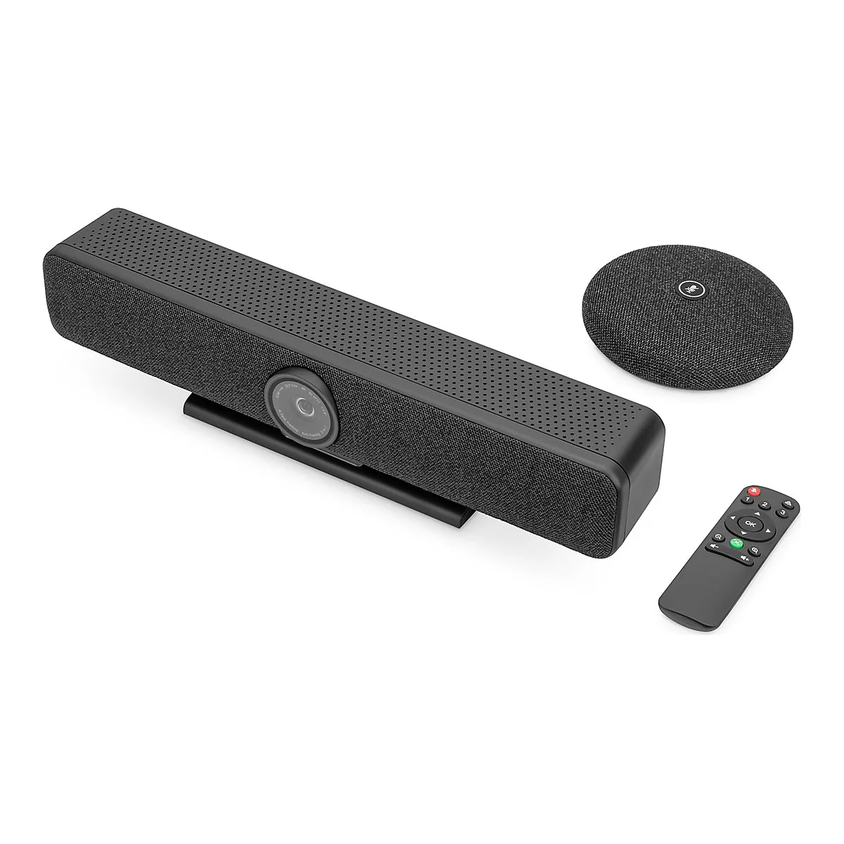 Schwarze Videokonferenz-Soundbar, Mikrofon und Fernbedienung. Die Soundbar hat eine Kamera.
