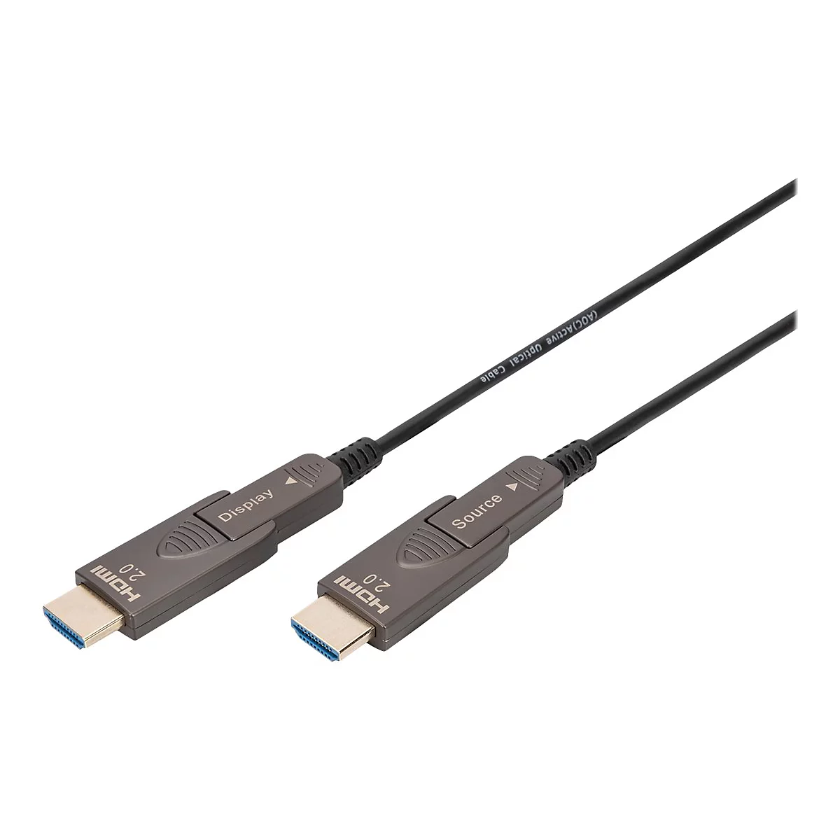 Deux câbles HDMI 2.0 avec des connecteurs gris métallisé et des câbles noirs. Un connecteur est étiqueté 'Display', l'autre 'Source'.
