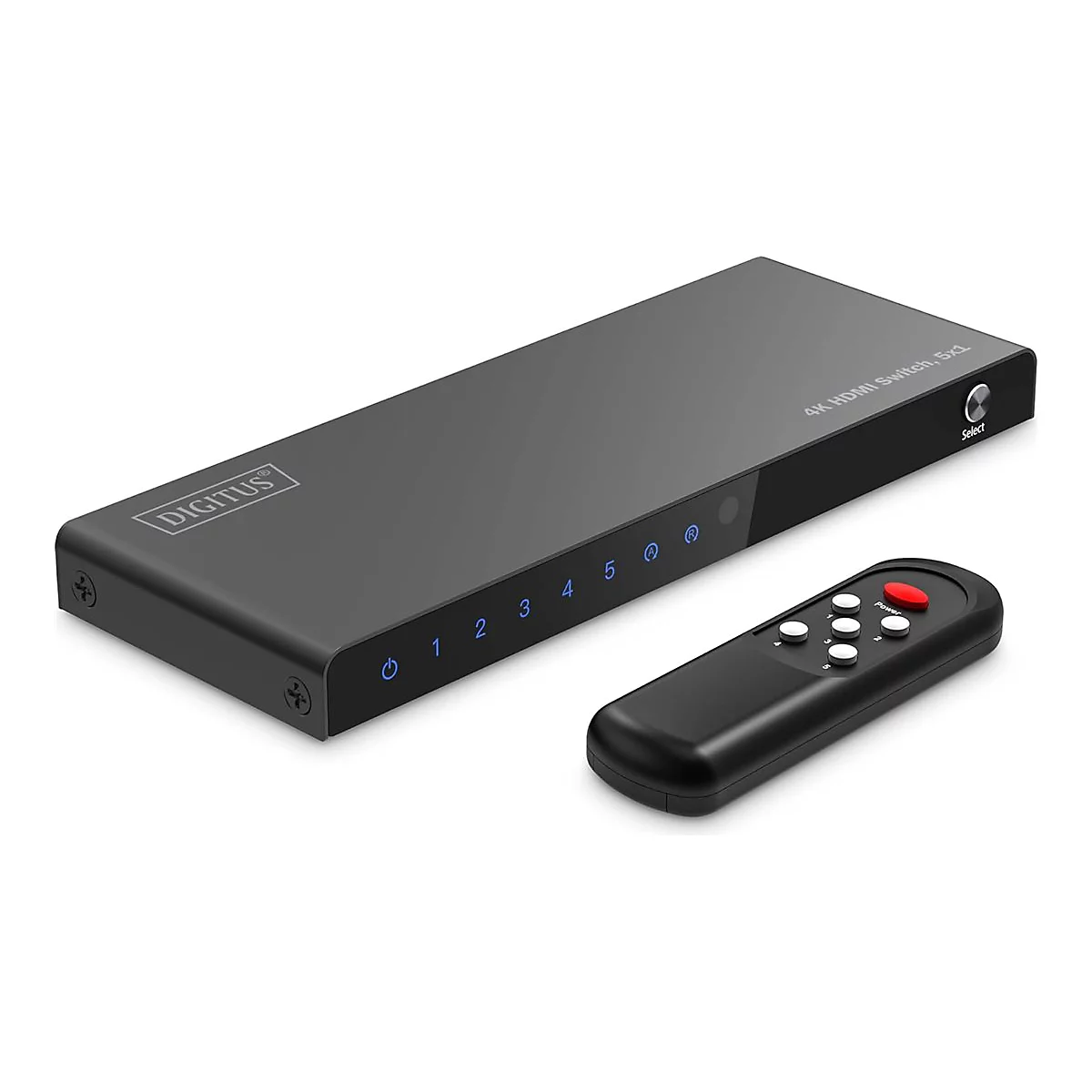 Commutateur HDMI noir avec télécommande. Le commutateur comporte des boutons et des étiquettes : 1-5, Power, Select. La télécommande possède des boutons numérotés.