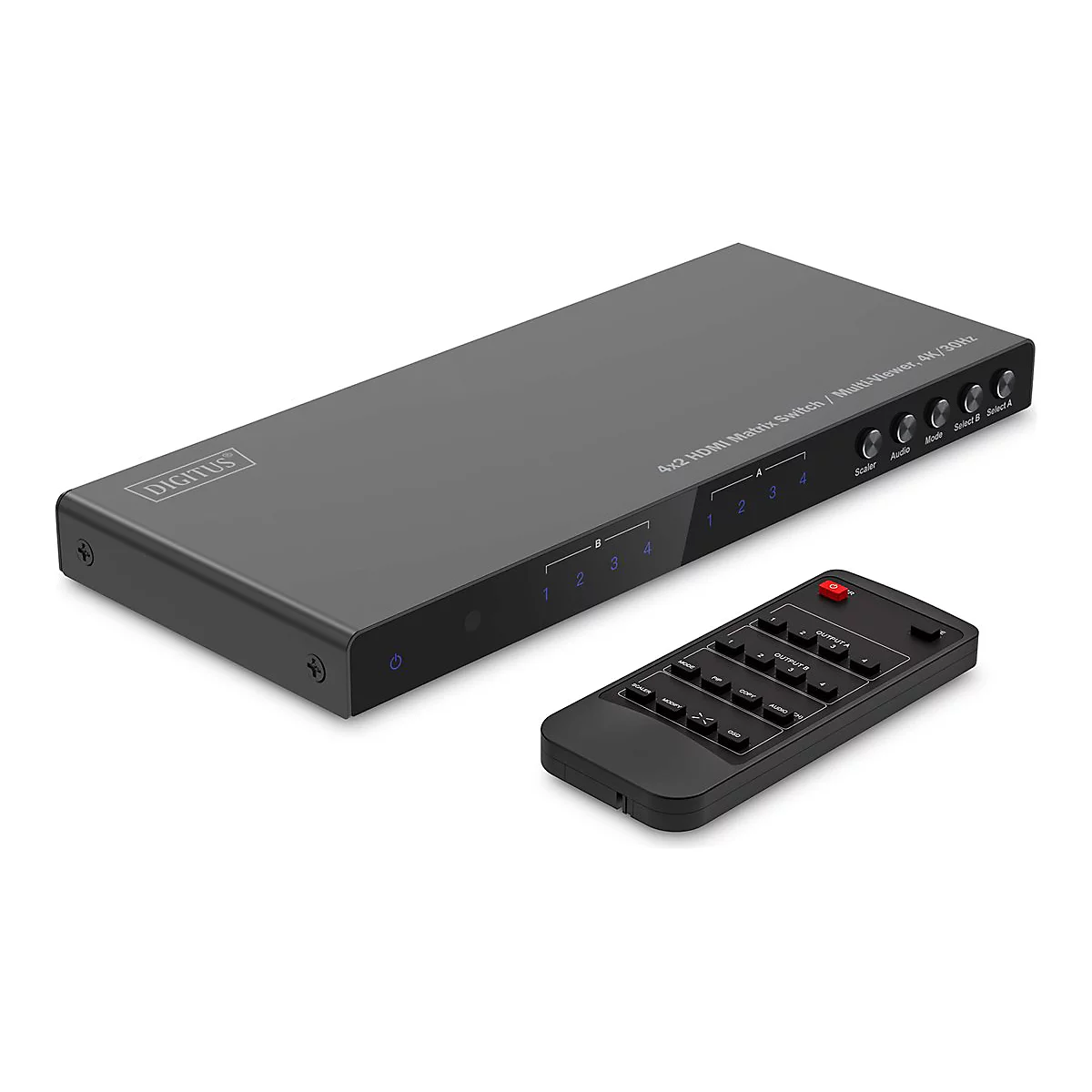 Commutateur matriciel HDMI noir avec télécommande. Étiquette : Digitus, 4x2 HDMI Matrix Switch, Scaler, Audio, Mode, Select A/B. La télécommande a un bouton d'alimentation rouge.