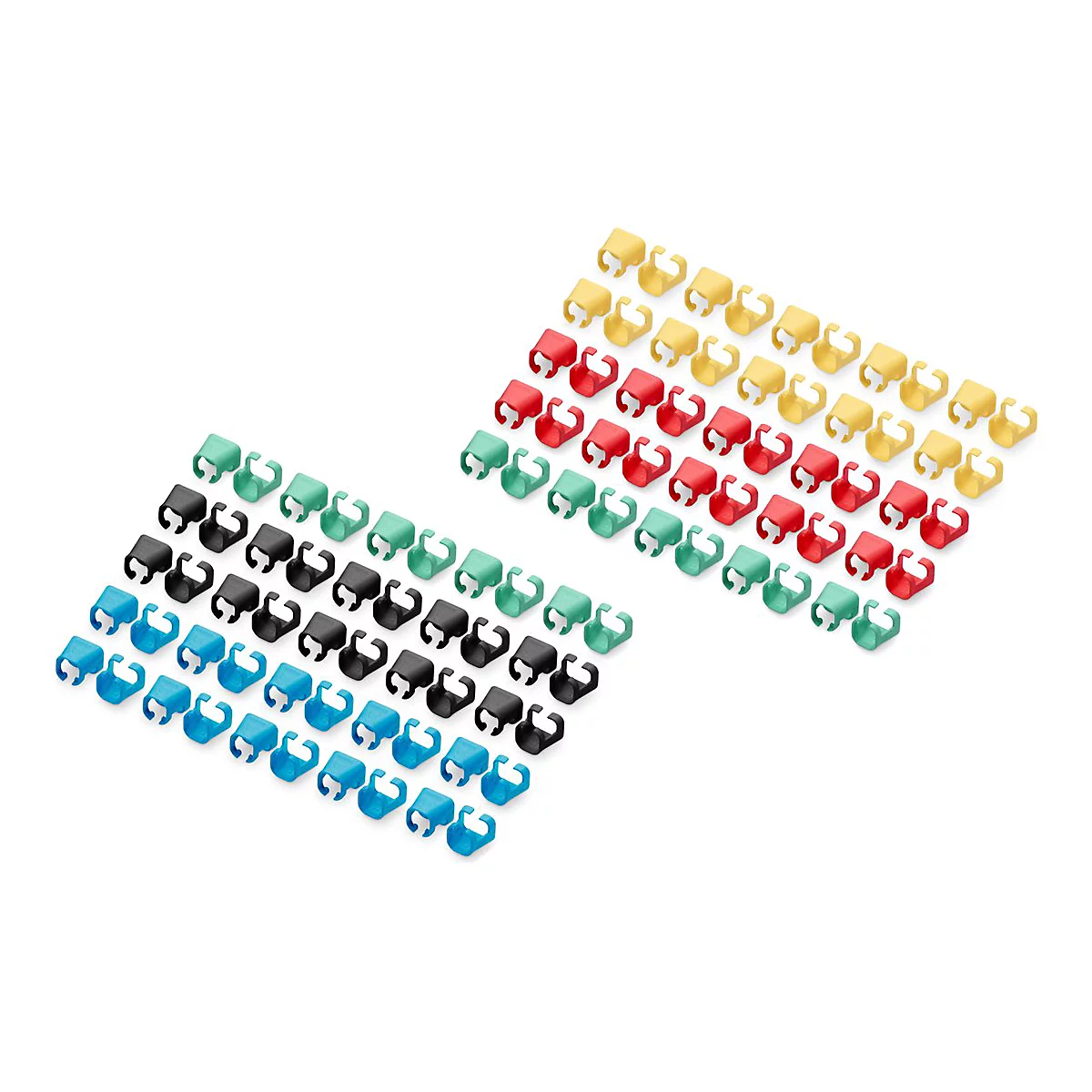 Plusieurs serre-câbles colorés disposés sur fond blanc.