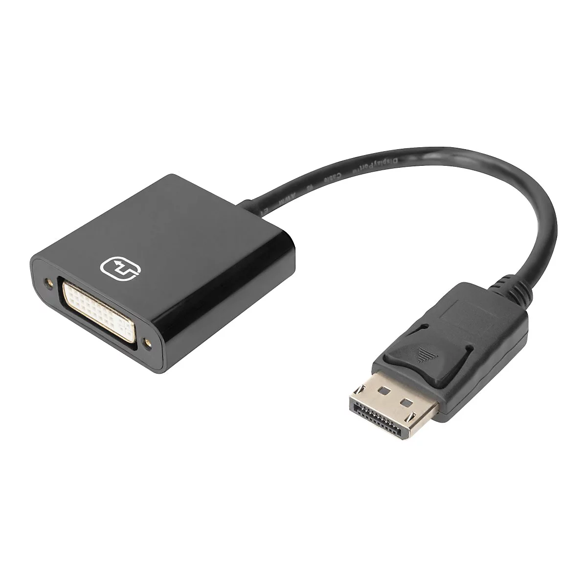 Adaptateur noir DVI vers DisplayPort avec câble. L'adaptateur porte un logo.